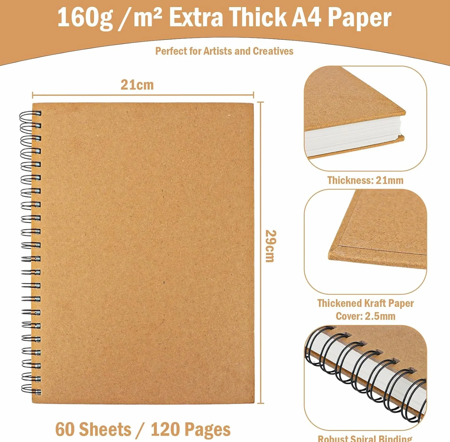 60 Fogli 120 Pagine Blocco per Schizzi A4 con Rilegatura a Spirale, Carta 160 g/m², Copertina Rigida, Album da Disegno A4 Sketchbook, Quaderno Artistico per Bambini e Professionisti, Illustrazioni