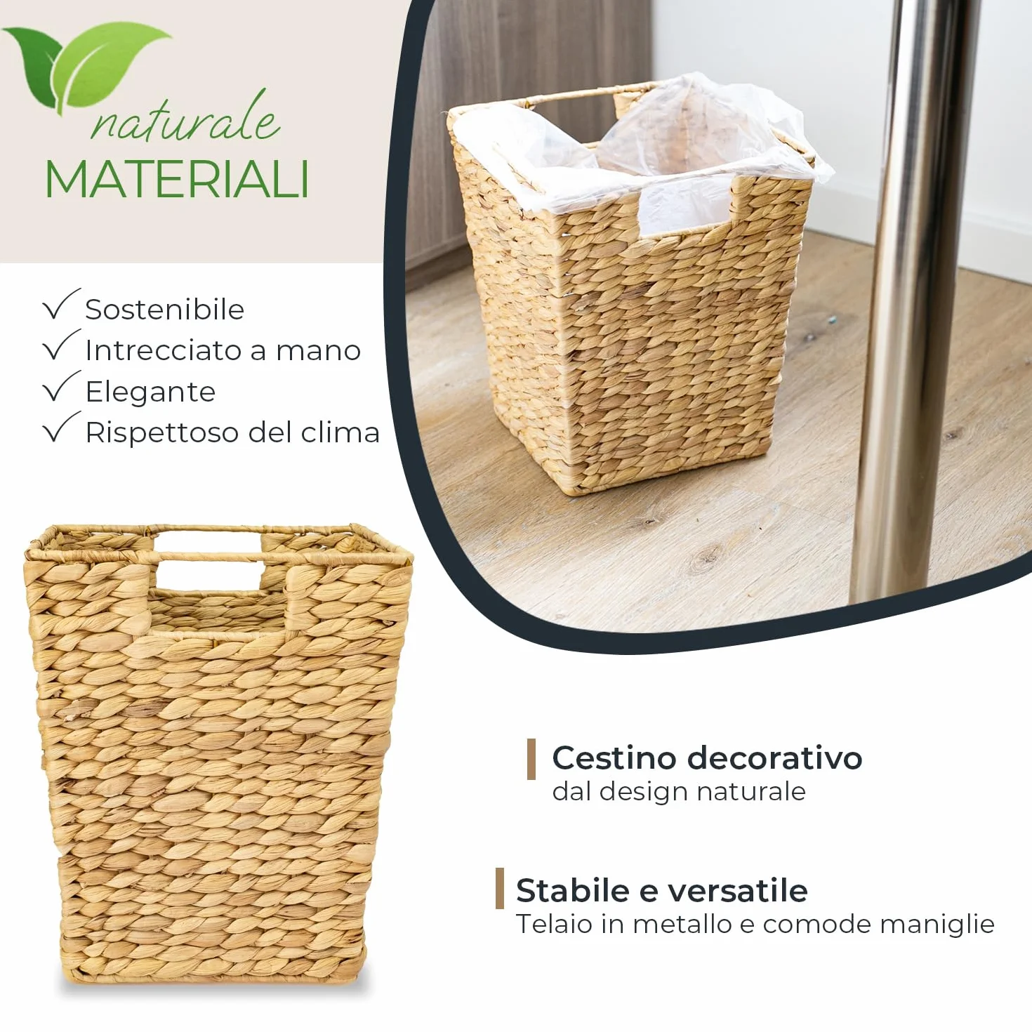 HMF Cestino per la carta, cestino per l'ufficio intrecciato in giacinto d'acqua | Rettangolare | 25 x 25 x 30 cm