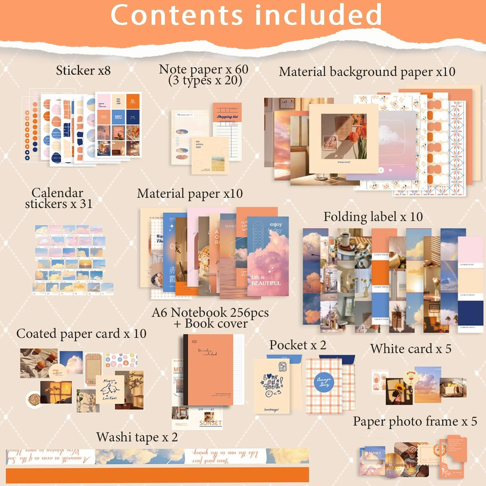 ROEOWENE 410 PCS Scrapbooking Kit Aesthetic Scrapbooking Accessori DIY Scrapbook Adesivi Vintage Stickers Journal Junk Journaling Kit Regalo per Donne Adolescenti Compleanno Natale-Arancione