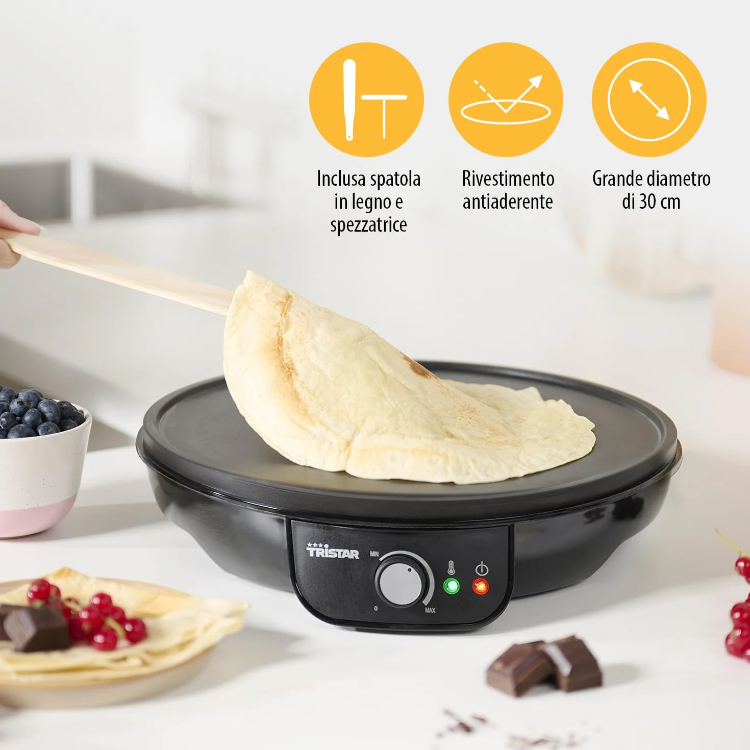 Tristar Piastra per Crepes BP-2637, Waffle e Piadine, 1000 watt, Diametro da 30 cm, Antiaderente