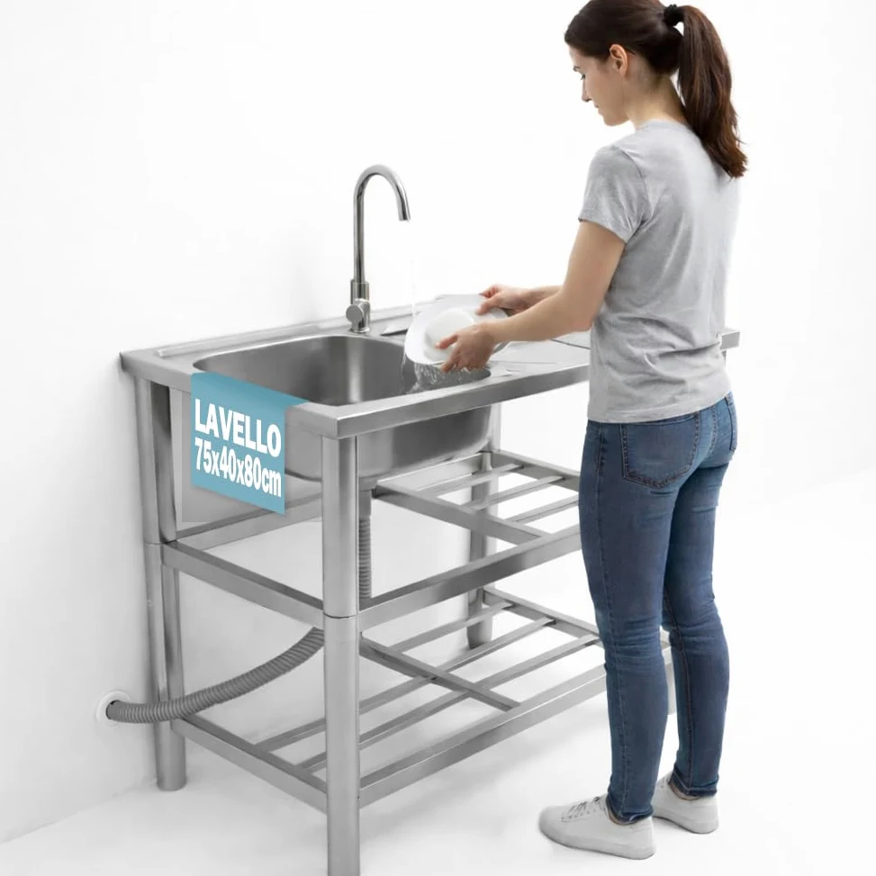 BAKAJI Lavello in Acciaio Inox con Rubinetteria Completa e Kit Sifone Ideale per Esterno, Patio, Giardino, Cucina in Balcone e Veranda, Lavandino con Ripiani Portaoggetti e Accessori, 75 x 40 x 80 cm