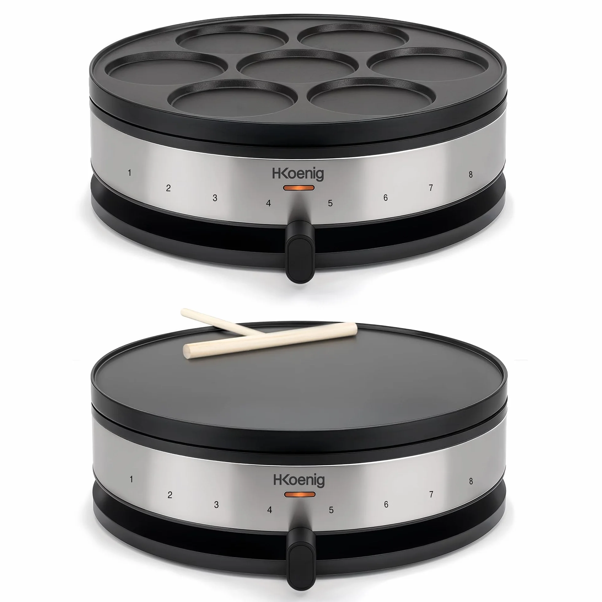 H.Koenig Crepiera con Piastra Reversibile 2 in 1 KREP56,Crêpes,Mini Crêpes,Pancakes,Termostato Regolabile Fino a 230°,Rivestimento Antiaderente,1500W