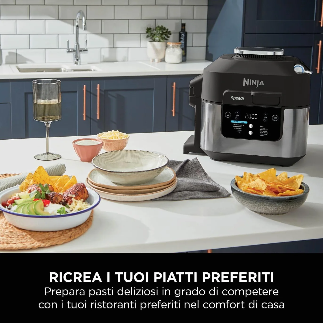 Ninja Speedi Pentola Elettrica Rapida 10 in 1, Friggitrice ad Aria, 5,7 l, Pasti per 4 in 15 Minuti, Frittura ad Aria e Cottura al Vapore, Idea Regalo Natale, Nero, ON500EU