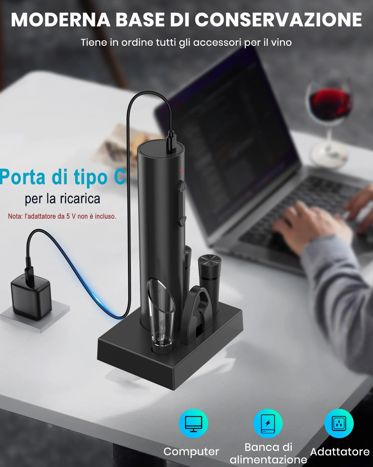 Cavatappi elettrico ricaricabile per vino, apribottiglie elettrico idee regalo uomo donna compleanno con aeratore per vino, 2 tappi sottovuoto, taglierina per fogli di alluminio e cavo USB