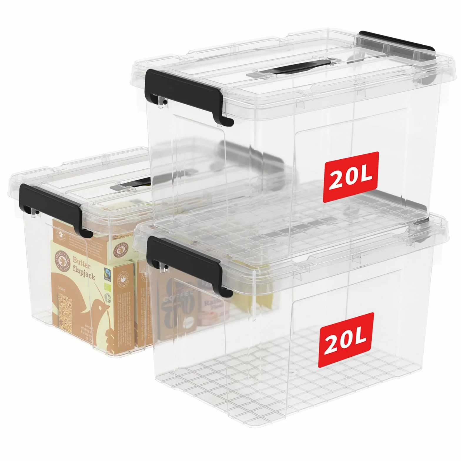 Cetomo 20L*3 Scatole di Stoccaggio in Plastica, Scatole Portaoggetti con Coperchio, Organizzatore con Manico, Contenitori per Casa e Ufficio, Impilabile, Resistente, Trasparente, 20L - Confezione da 3