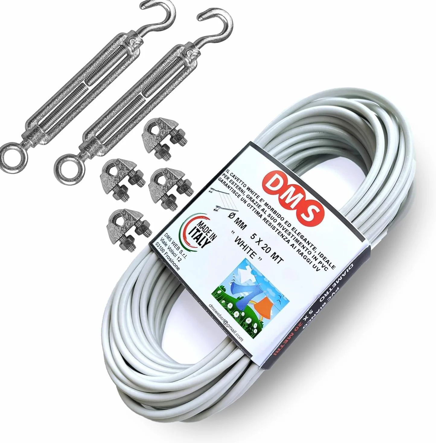 DMS Filo per stendere il bucato da esterno 20Mt - diametro mm 5. Resistente. Cavetto in acciao rivestito, stendibiancheria Prodotto Italiano (20 MT)