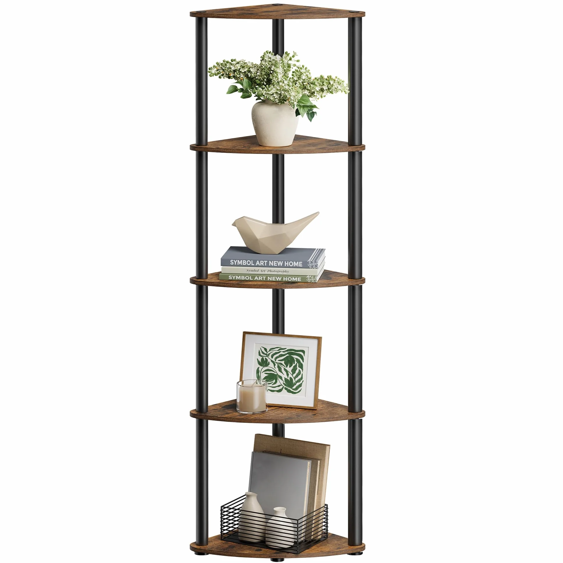 SONGMICS HOME Montaggio Super Veloce Senza Attrezzi, Scaffale Angolare a 5 Ripiani, Scaffale Autoportante, 38,3 x 27 x 139 cm, per Soggiorno, Camera da Letto, Cucina, Marrone Vintage LBC610K01