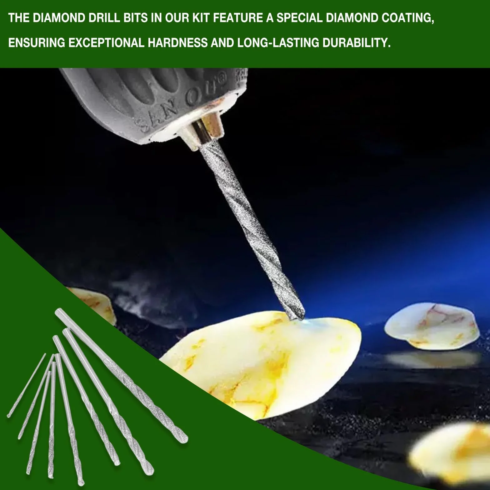 8 punte diamantate per trapano diamantato, 0,8 mm fino a 3,0 mm, per vetro, metallo, conchiglie, giada, perle, ecc