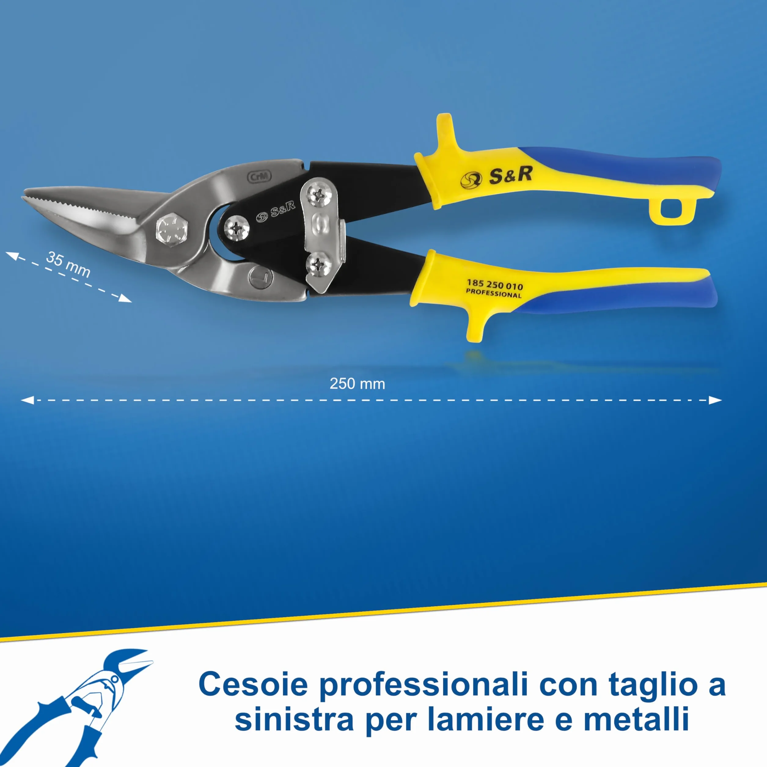 S&R Cesoie per Lamiera Professionali 250 mm, Forbici per Lamiera, Cesoie per Cartongesso - TAGLIO A SINISTRA - Lame Lunghe 35 mm CrMo per Lamiera, Metalli, Rame, Allumino e Profili di Acciaio.