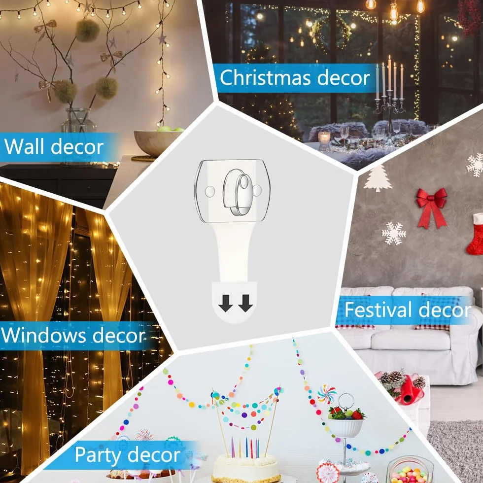 Ainiv 140 Pezzi Mini Clip per Luci da Interni, Ganci per Luci Natalizie da Appendere Senza Danni con Strisce Adesive, Vacanza Luce Gancio Clip per Luci Sospese Decorazioni e Cavi Natalizi