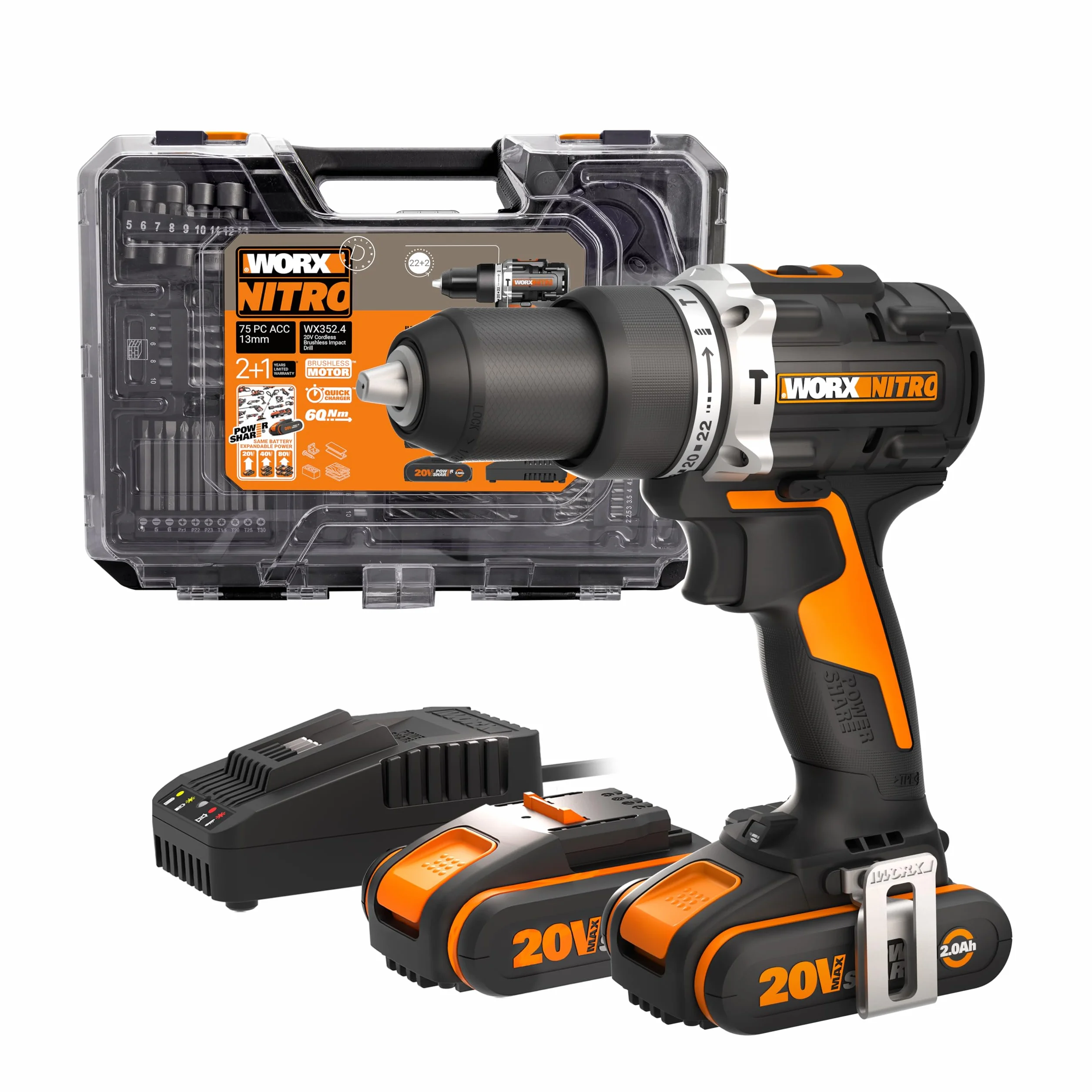 Trapano a Percussione senza Fili WORX NITRO 18 V (20 V MAX) WX352.4, PowerShare, Motore Brushless, 60 Nm, Controllo della Velocità Variabile, Luce LED, Set di Accessori da 75 pezzi, 2 Batterie 2,0 Ah