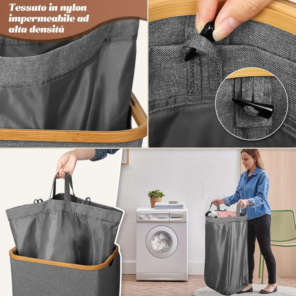 OUSFOT Cesto Portabiancheria Sporca per Bagno Grigio 105L Cesta Portabiancheria in Bambù con Coperchio Porta Biancheria Sporca con Manici Cesto Panni Sporchi