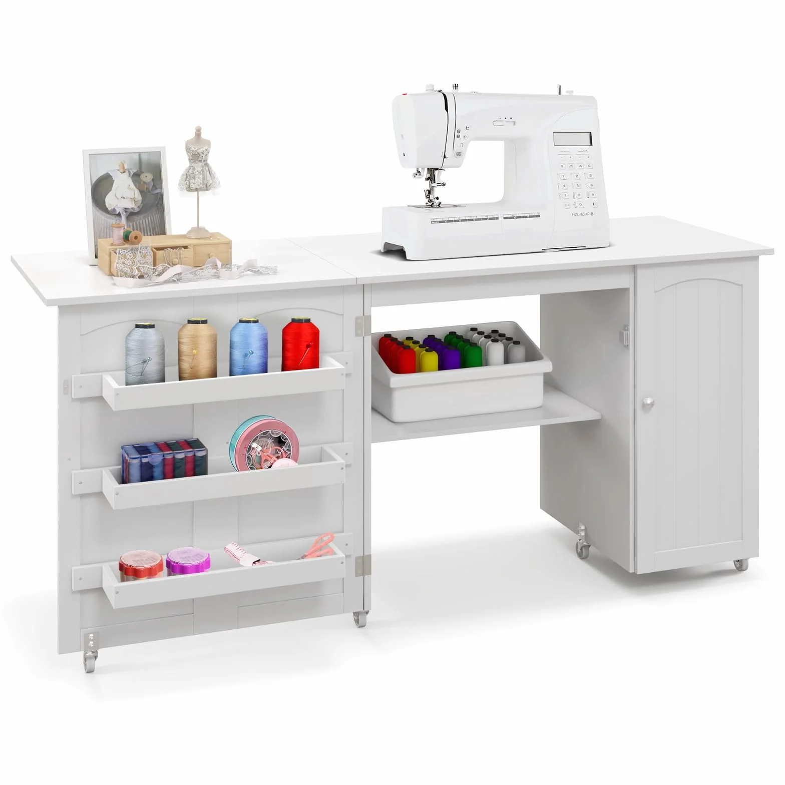 GIANTEX 2 in 1 Mobiletto Cucito, Tavolo Cucire Pieghevole, con 4 Ruote, Armadio Versatile in Legno, per Salone/Salotto/Ufficio, Carico di 55kg, 158,5x50x74cm (Bianco)