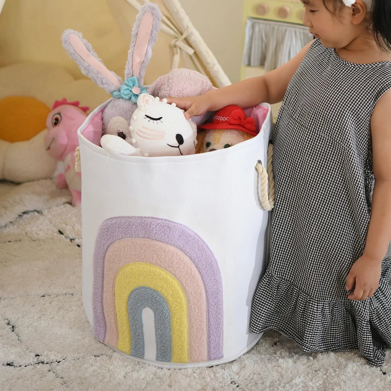 Cesto per il Bucato per Bambini Rosa, 58L in Tela con Chiusura a Coulisse Cesto Extra Large per Vestiti del Bambino Cesto per la Nursery e Giocattoli (Arcobaleno)
