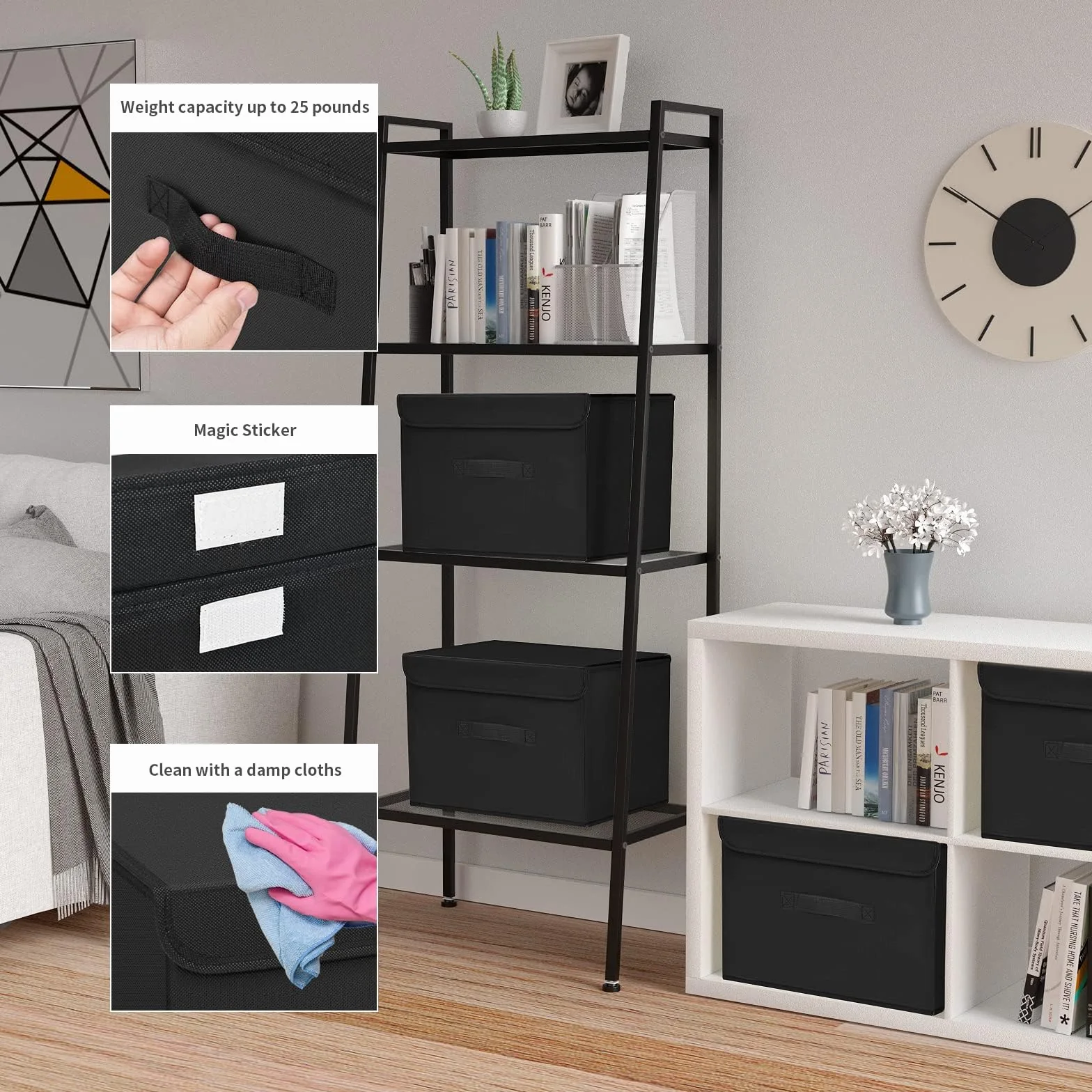 DIMJ Scatole per Armadio - Scatole Portaoggetti Contenitori con Coperchio Pieghevole, Scatola Porta Oggetti con Manici, Non Tessuto, per Armadio, Scaffali, 2 Pezzi, Nero, 38 x 25 x 25 cm