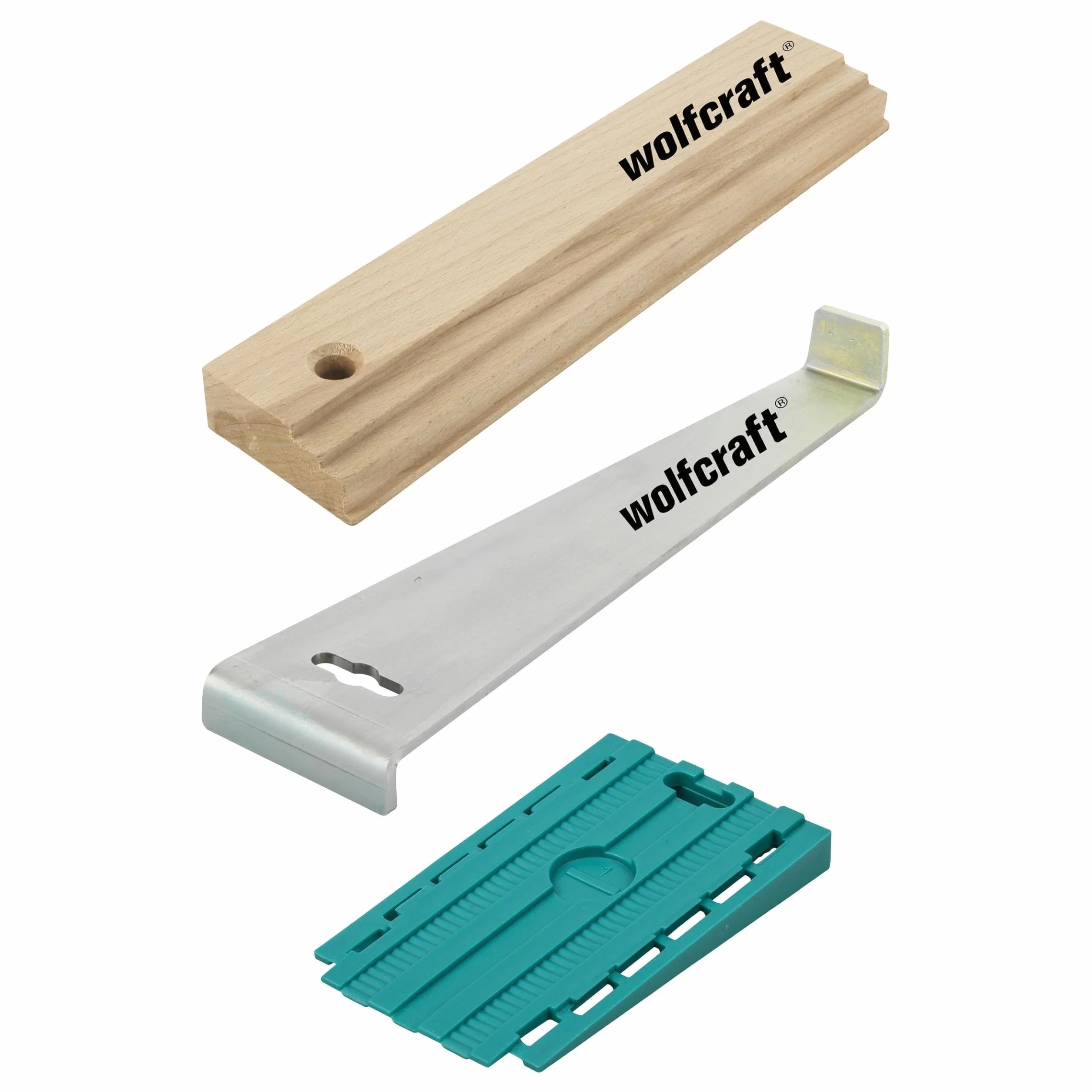 wolfcraft Kit di Successo “Posa Laminato e Pavimenti di Design”, Set 3 Pezzi con Barra di Trazione, Blocco di Battitura e 30 Cunei Universali per Giunti di Dilatazione – 6975000