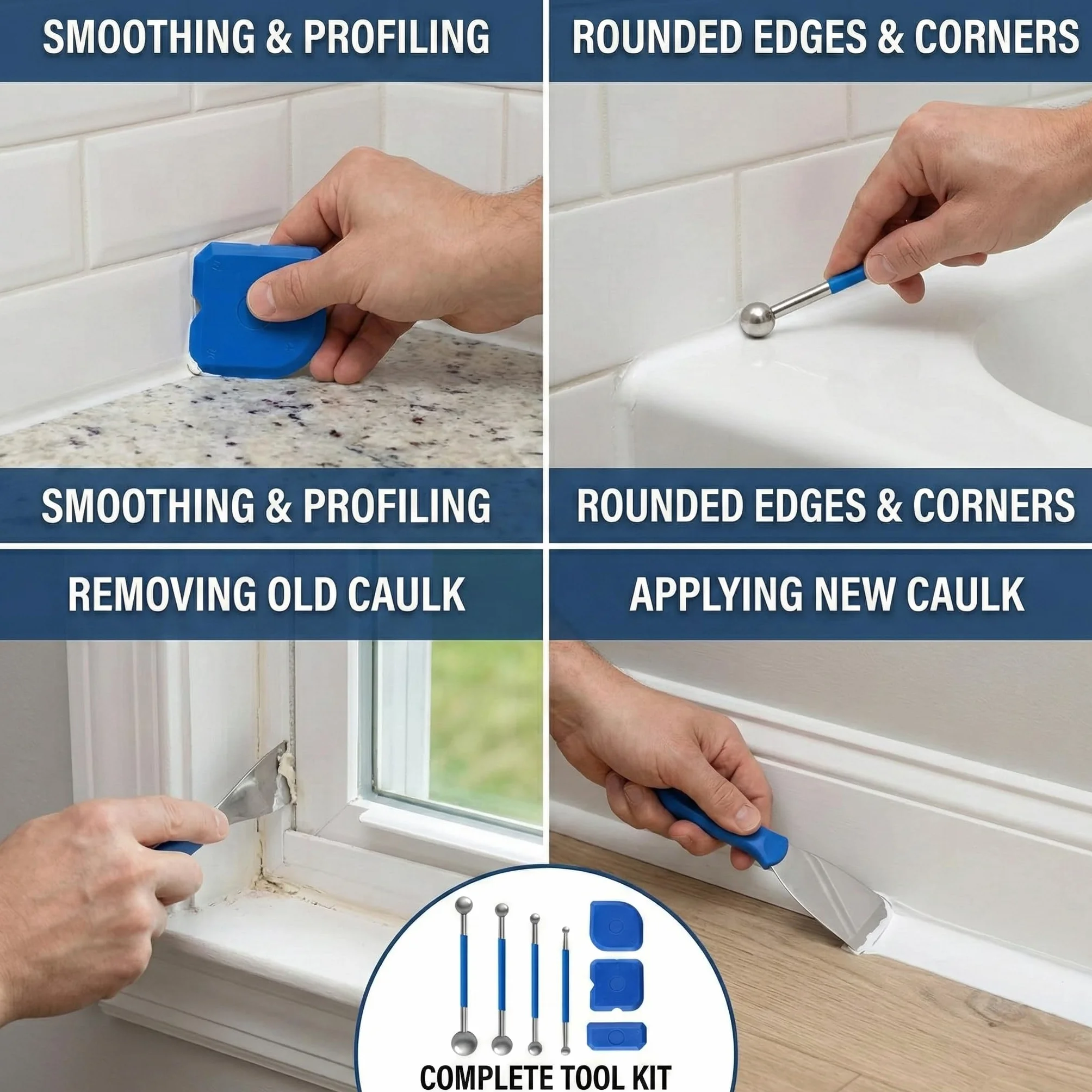 Set attrezzi per stuccatura 9 pezzi kit sigillante silicone con 4 tiralinee a sfera in metallo e 5 spatole in silicone diverse forme per fughe piastrelle bagno cucina fai da te riparazioni