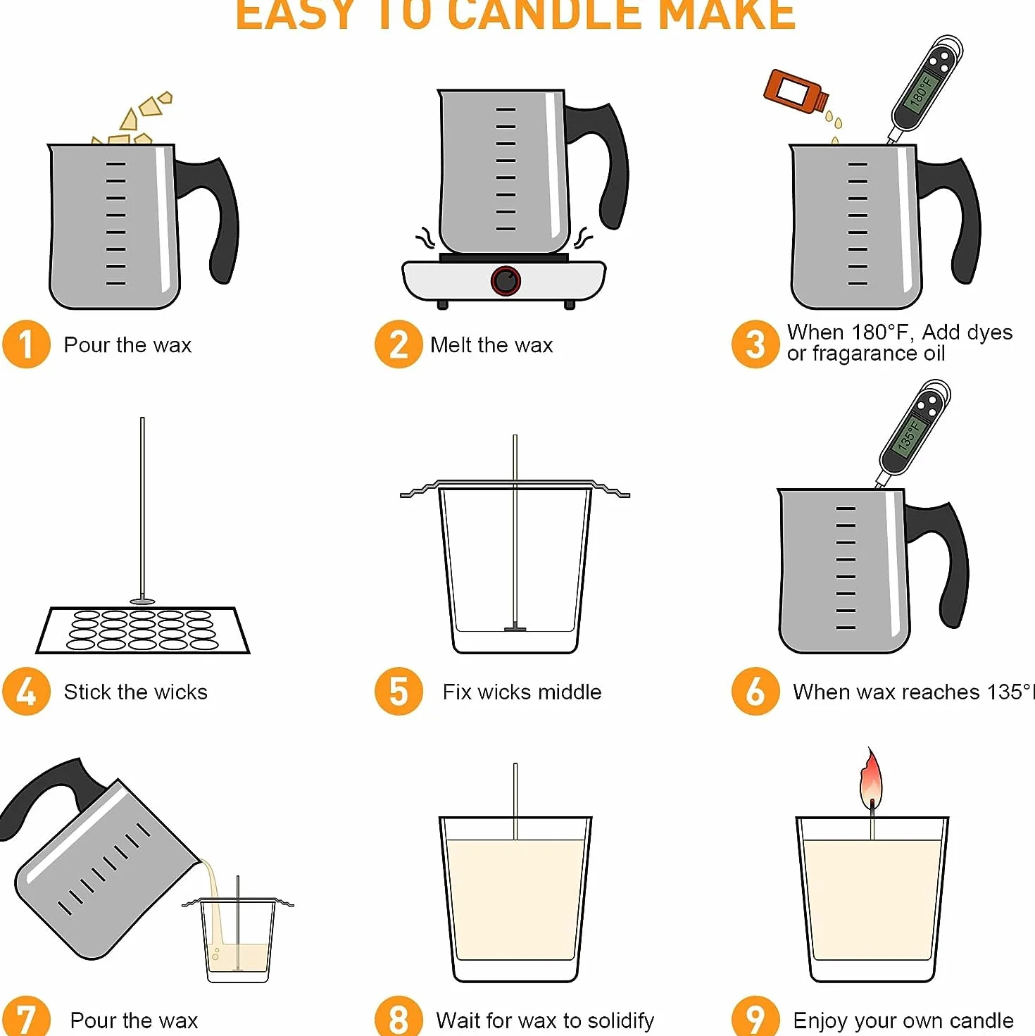 NOPWOK Kit per realizzare candele - Cera di soia DIY - Adulto - Vasetto da 900 ml - Candele adesive - Supporto per stoppino - Termometro