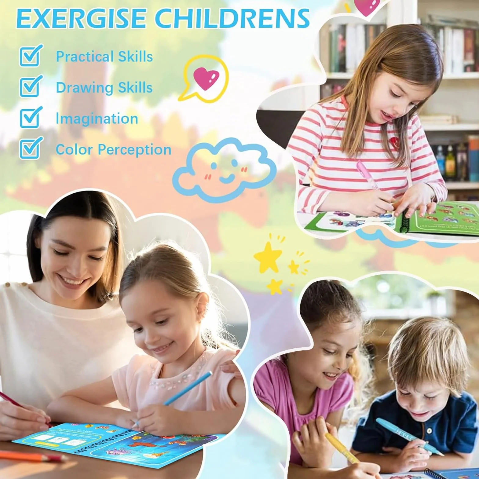 4 Pezzi Libro Magico ad con Acqua da Colorare, Magic Water Drawing Book, Libro di Pittura ad Acqua per Bambini, Water Book da Disegno, Per Bambini Dai 3 Anni