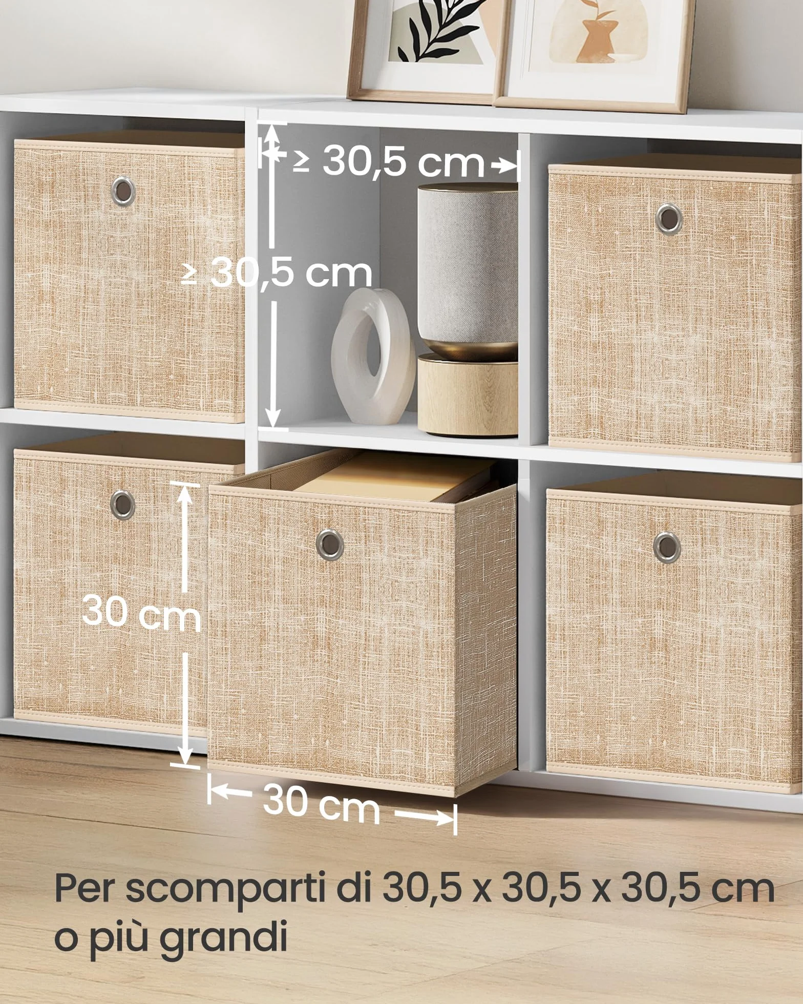 SONGMICS Scatole Portaoggetti Set di 6 Contenitori in Tessuto Non Tessuto 30x30x30 cm Pieghevoli Beige Sabbia