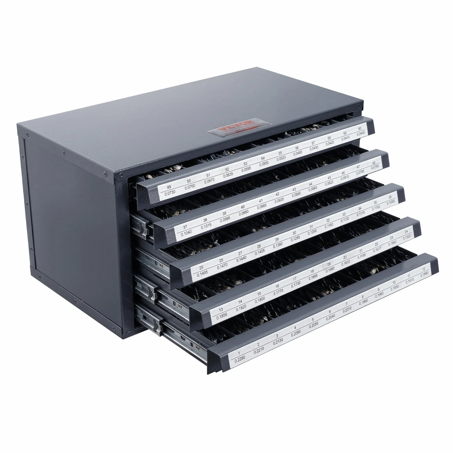 VEVOR Dispenser Cassetta per Punte da Trapano 60 Scomparti Etichettati #1-#60, Scatola per Punte da Trapano 5 Cassetti per Trapano 37,5x20x20 cm Impilabile Conservazione di Punte da Trapano Officina