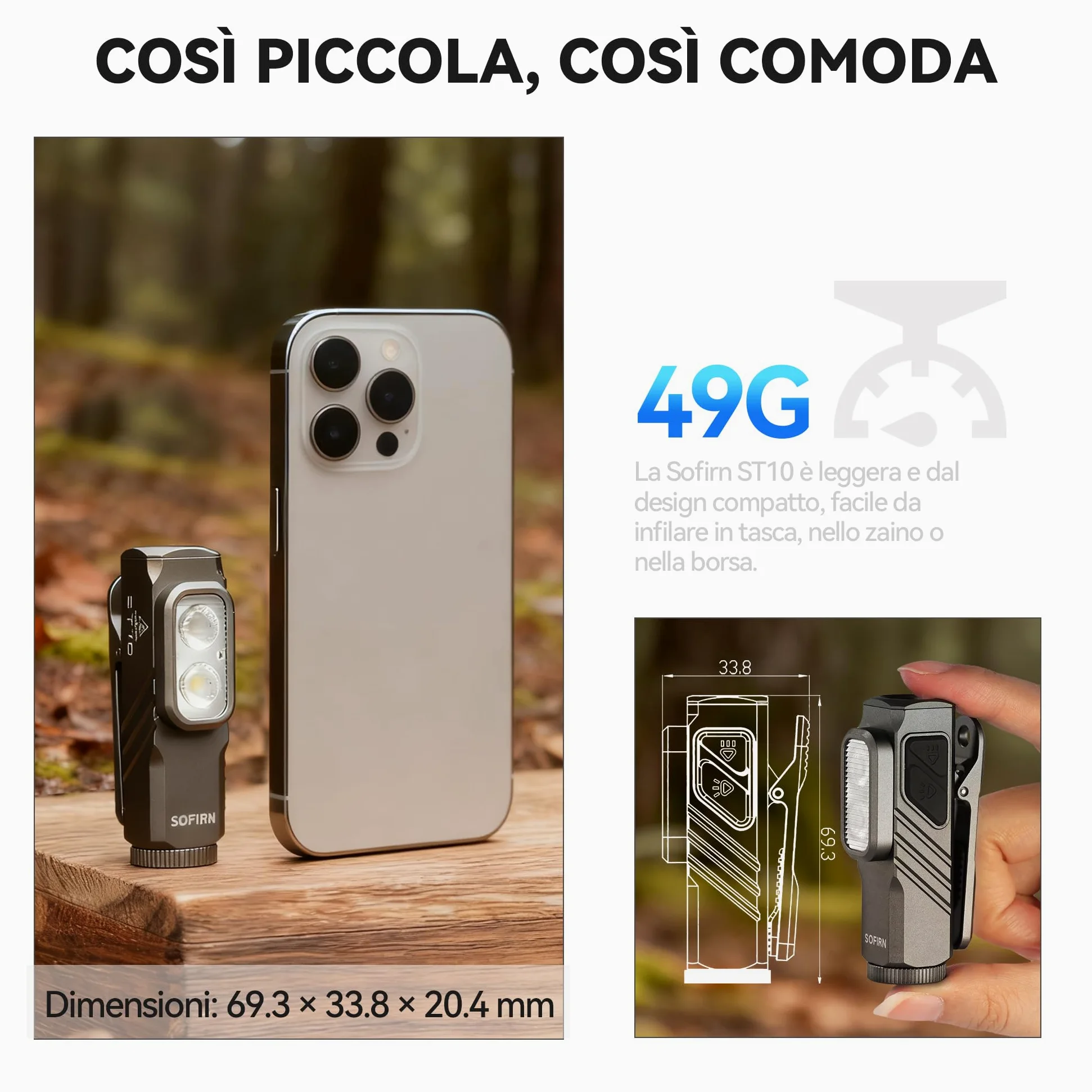 SOFIRN ST10 Mini Torcia Led Potente Professionale, 1000LM Spot|500LM Flood|660NM Luce Rossa, Doppie Magnetiche, Type-C, Clip, IPX6, Torcia Ricaricabile Per Casa, Passeggiata Col Cane, Pesca, Emergenze