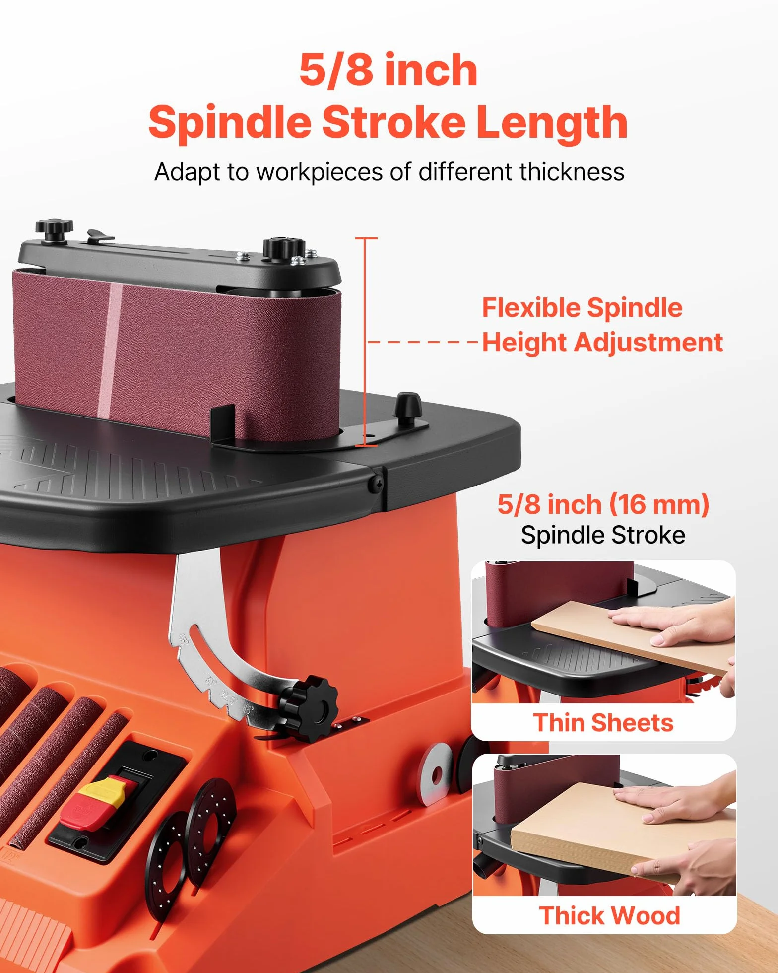 VEVOR Levigatrice a Nastro e Mandrino Oscillante, Smerigliatrice da Banco da 2000 giri/min con Corsa da 16 mm, 5 Manicotti 12,7-50,8 mm e Nastro Abrasivo da 610 x 98 mm per Lavorazione del Legno