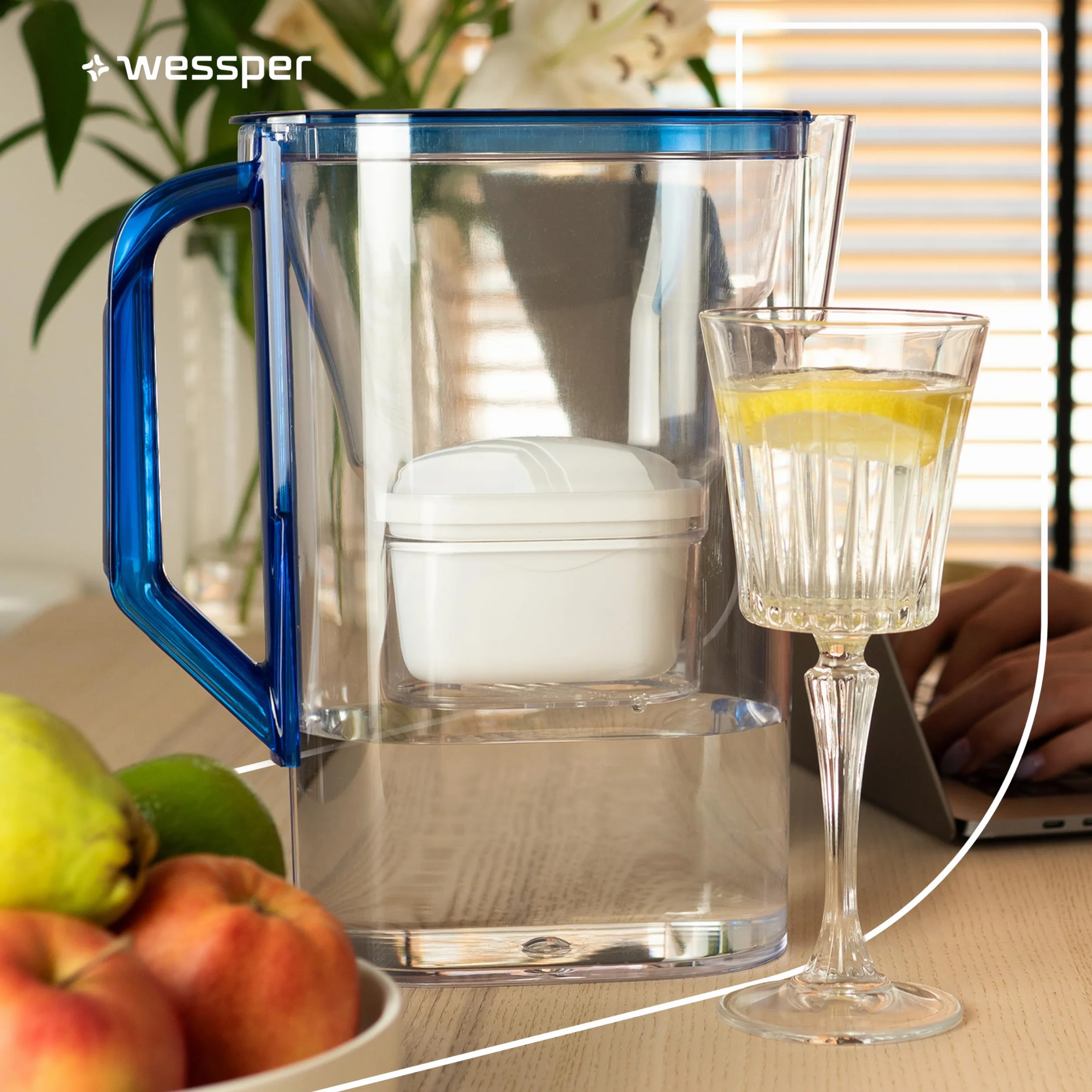 Wessper Caraffa Filtrante 2,7L con Filtri Carbone Attivo e Resina a Scambio Ionico, Set 6 Filtri - Blu