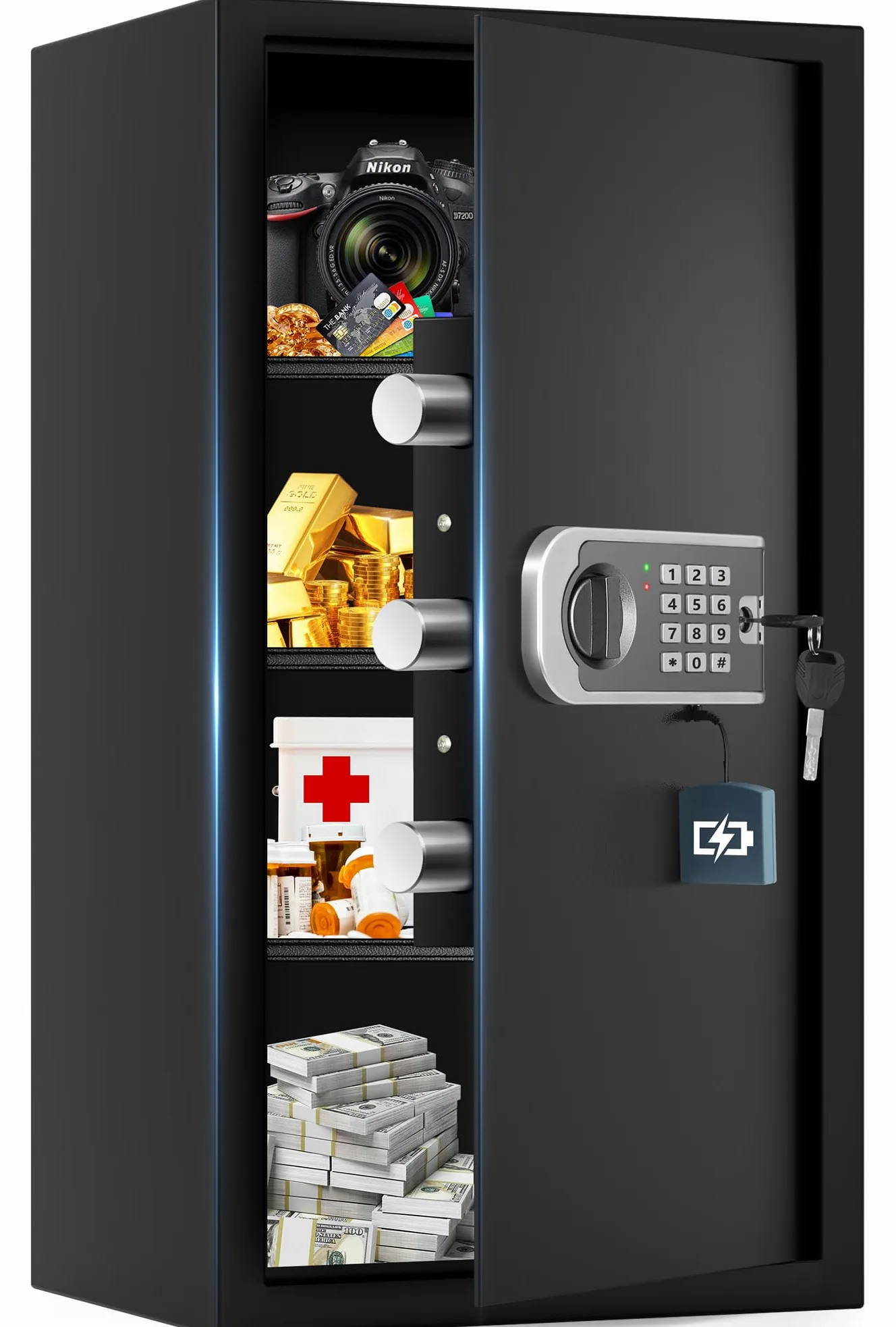 Cassaforte in acciaio da 60 cm, cassaforte per la casa da 6,0 Cuft con borsa impermeabile ignifuga, cassaforte digitale di sicurezza con tasti programmabili della tastiera, allarme intelligente