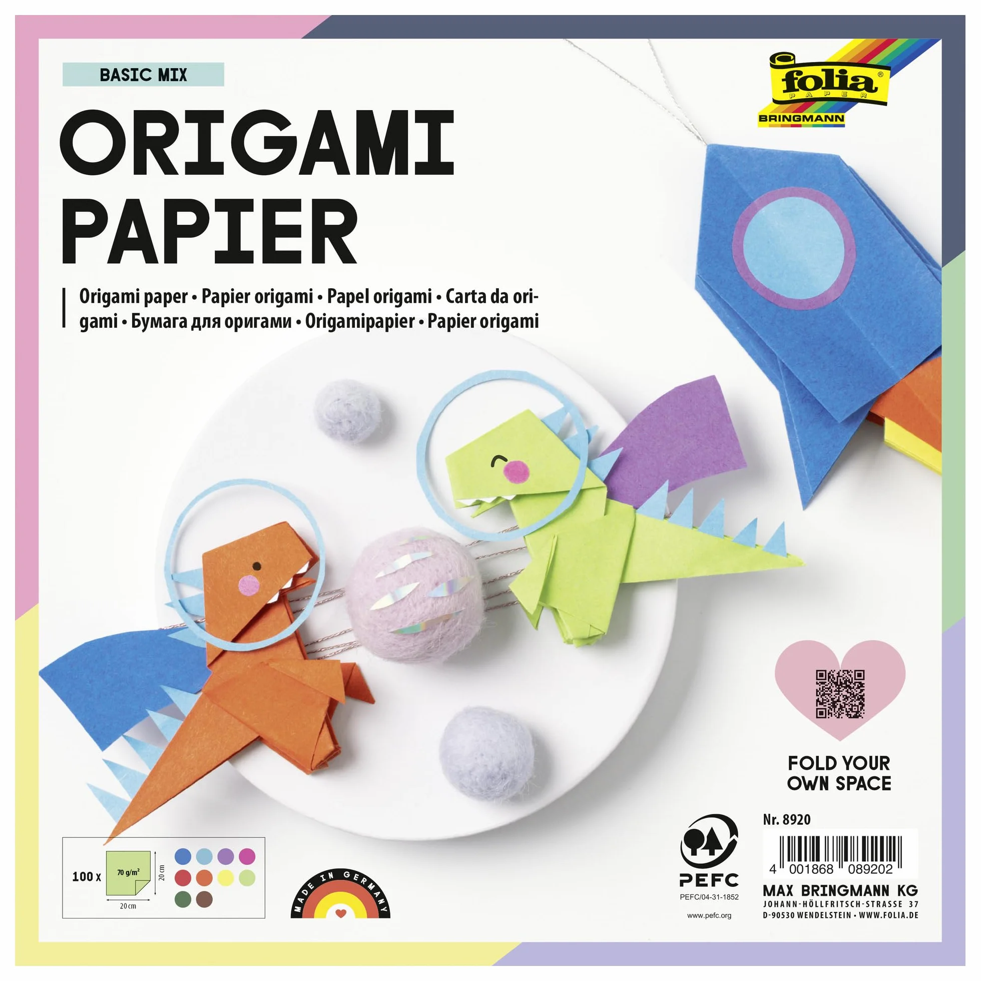 IDENA Folia 8920 - Fogli per origami, 20 x cm, 70 g/m², 100 pz. in colori assortiti