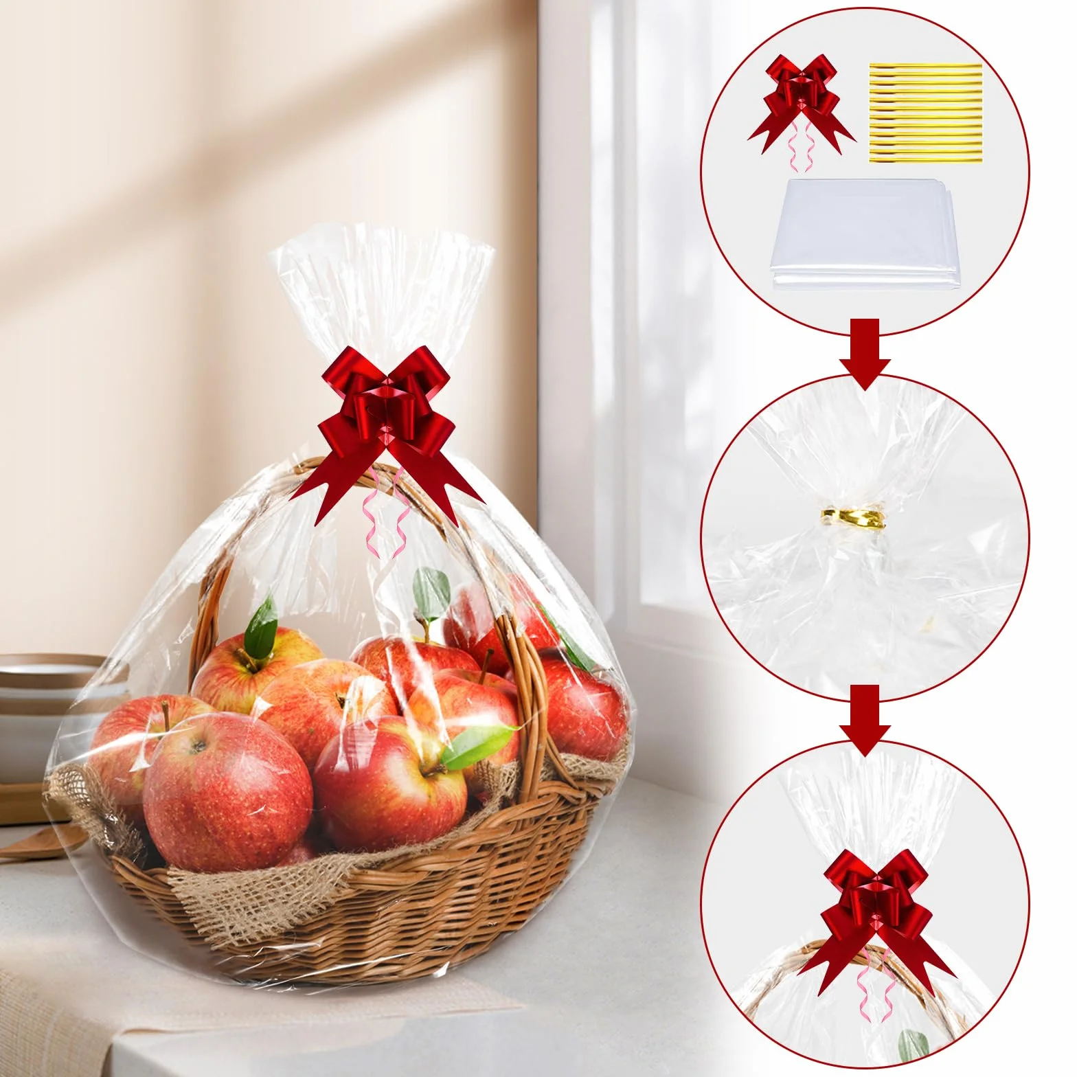 AWCIGG Set Di Sacchetti Grandi in Cellophane per Cesti Regalo, Inclusi 10 Sacchetti di Plastica da 95 x 70 cm, 10 Fiocchi e Lacci, Sacchetti di Carta Trasparente per Cesti E Bouquet Natalizi