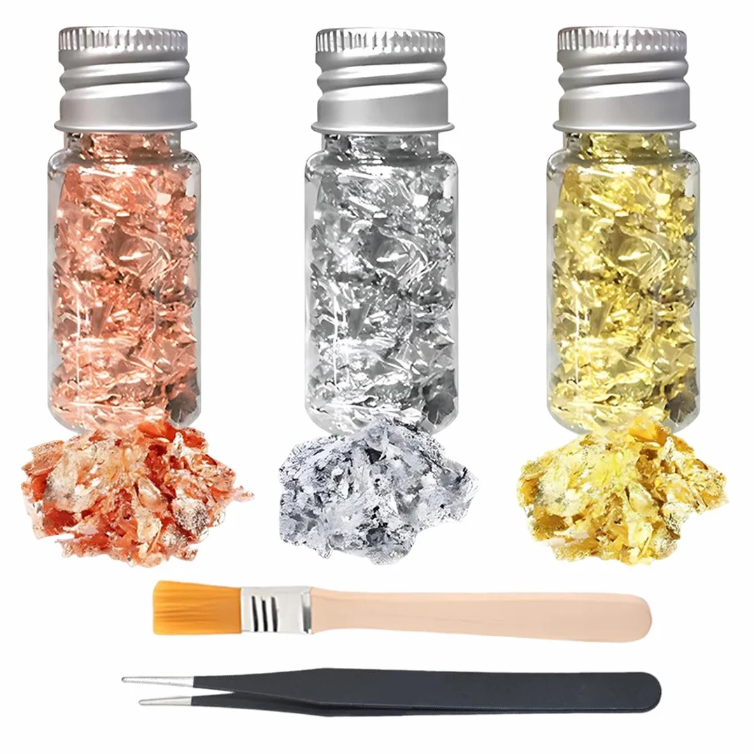 Foglia d'Oro per Doratura, Schegge di Foglia d'Oro, 3 Bottiglie, Pellicola Decorativa Multifunzionale
