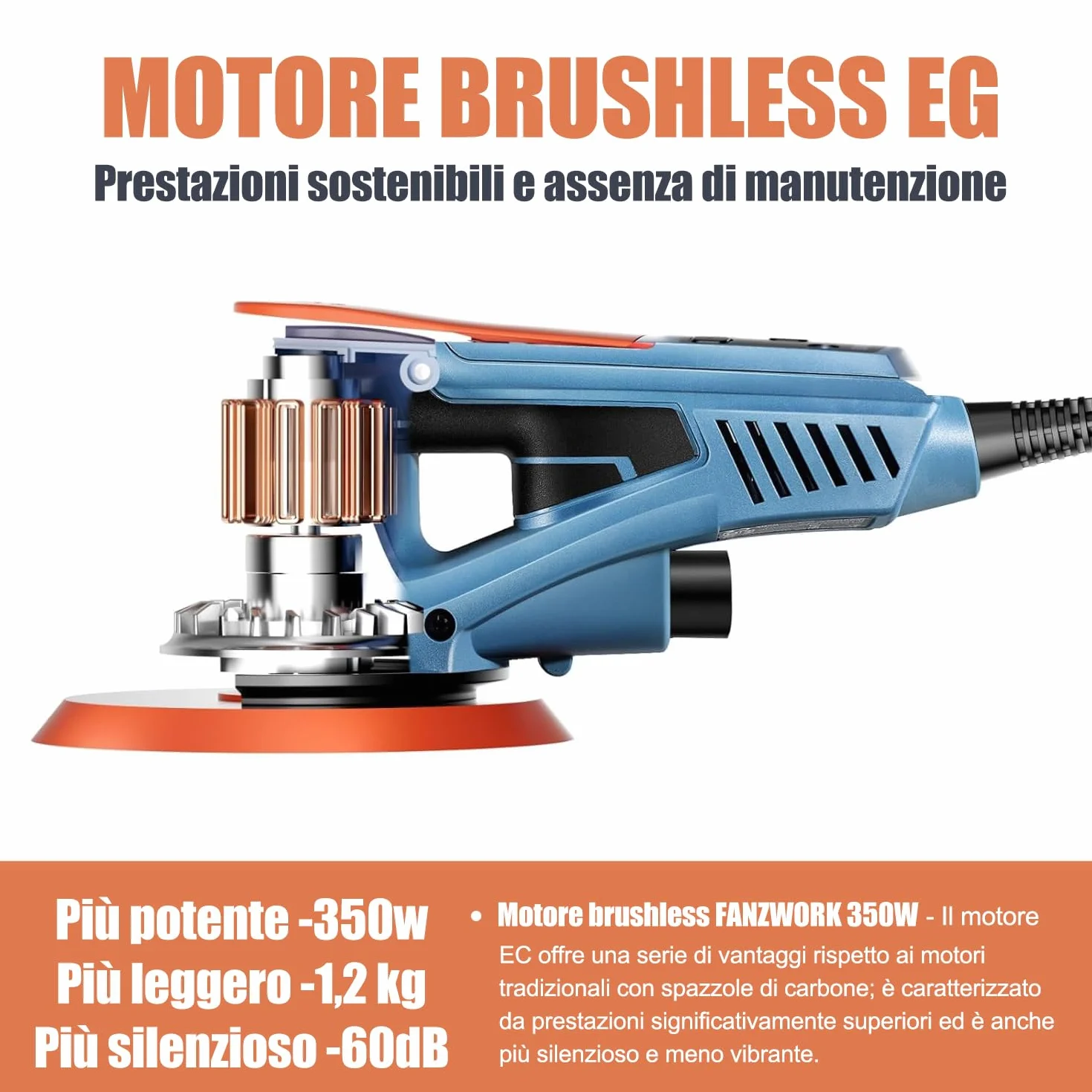 FANZTOOL Levigatrice Orbitale Senza Spazzole 350W 150mm 5,0mm 7 Velocità 18 Dischi Abrasivi Valigetta