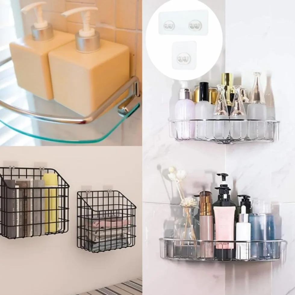 Ganci Adesivi Resistenti, 16 Pezzi Ganci per Bagno e Mensole, Doccia e Mensola Angolare, Singoli e Doppi