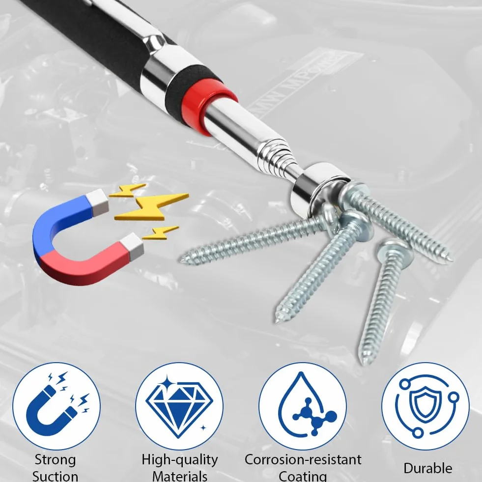 Flintronic 4 Pezzi Strumento Magnetico per Pickup, Acciaio Inossidabile Calamita Telescopica, Fino a 84 cm, Asta Telescopica Magnetica, per Chiavi, Monete, Viti, Penne e Oggetti Metallici