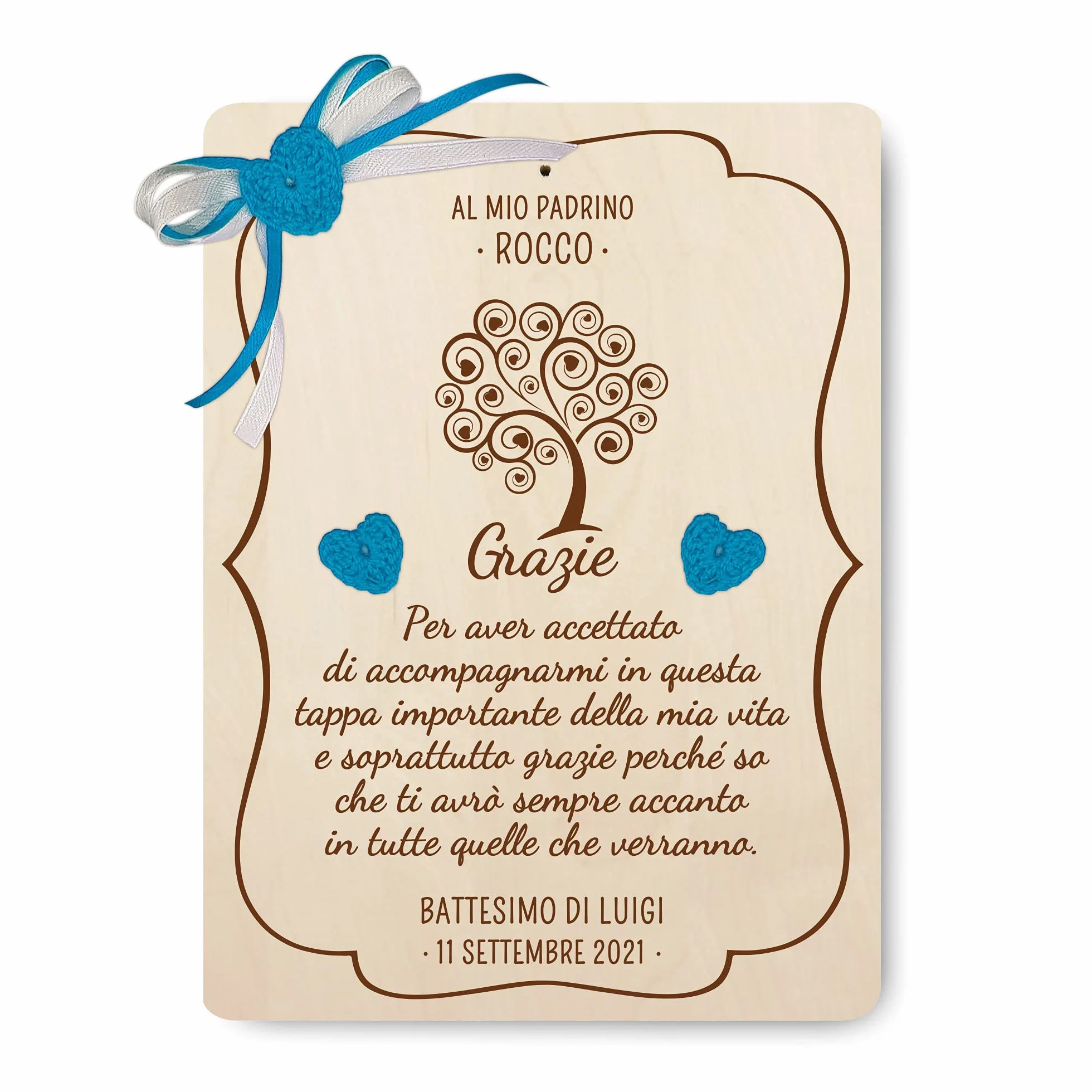 Targa targhetta ricordo per madrina padrino battesimo cresima idea regalo personalizzata nome e data con scatola regalo