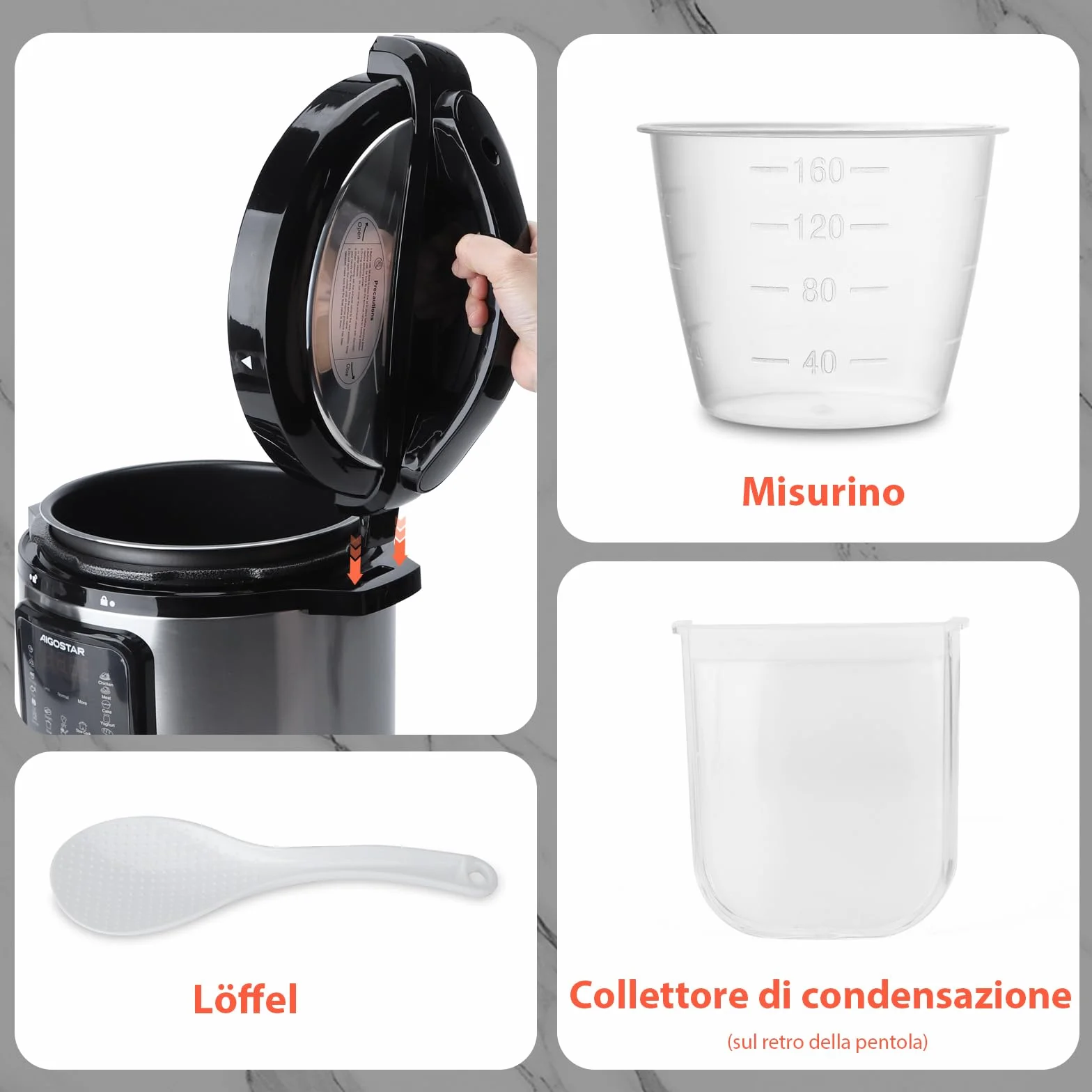 Aigostar Pentola a Pressione Elettrica 6L 1000W, 18 Programmi Automatici, 3 Livelli di Pressione Regolabili, 24H Timer, Funzione Mantieni Caldo, Display LED, Interno Antiaderente, Sliver