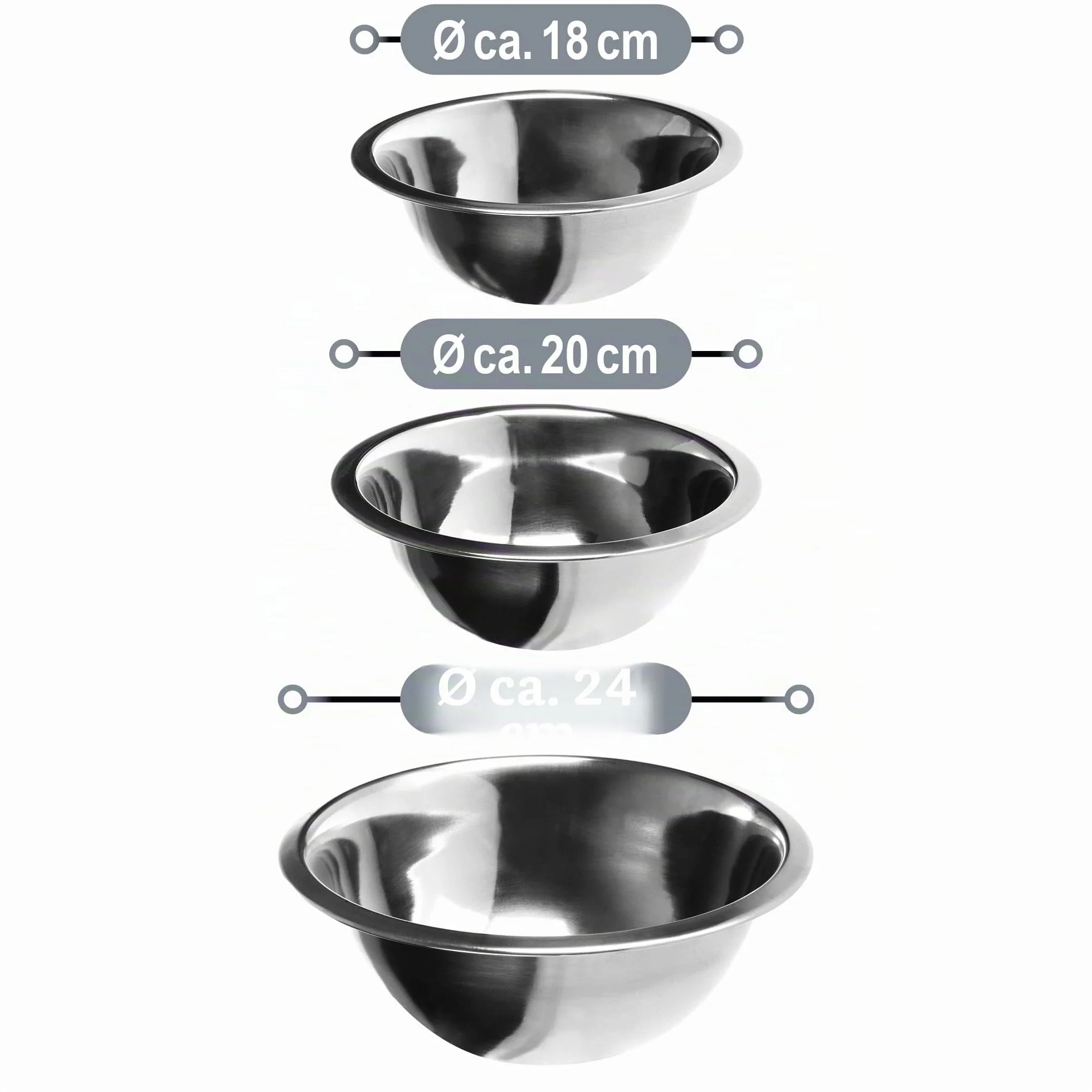 com-four® Set 3 ciotole acciaio inossidabile insalatiera 18/20/24cm