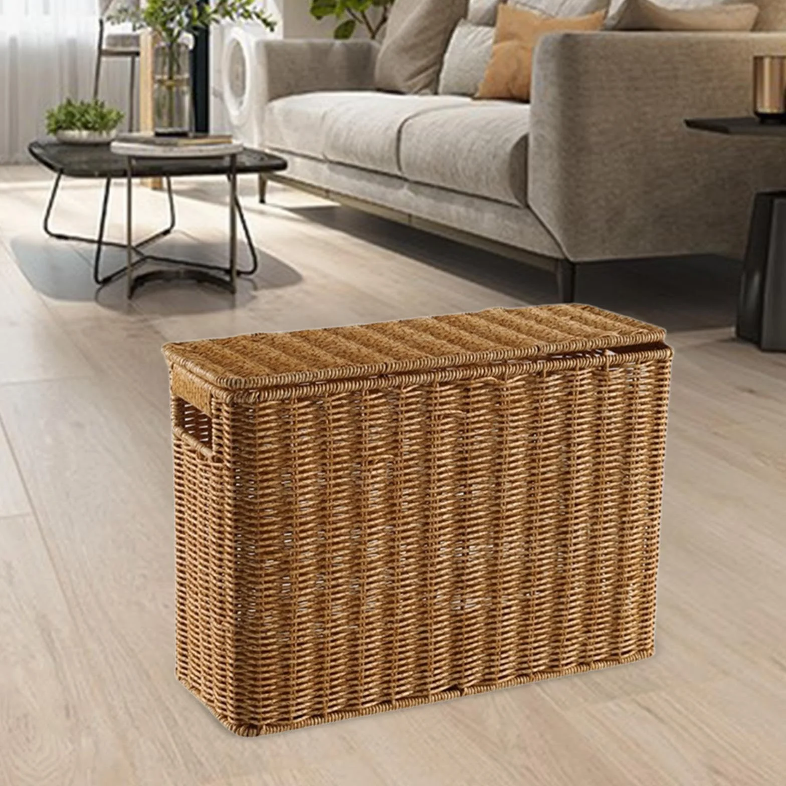 MagiDeal Contenitore portaoggetti stretto e alto, porta riviste intrecciato con coperchio, cestino portatile stretto, portadocumenti stretto per il bagno, L