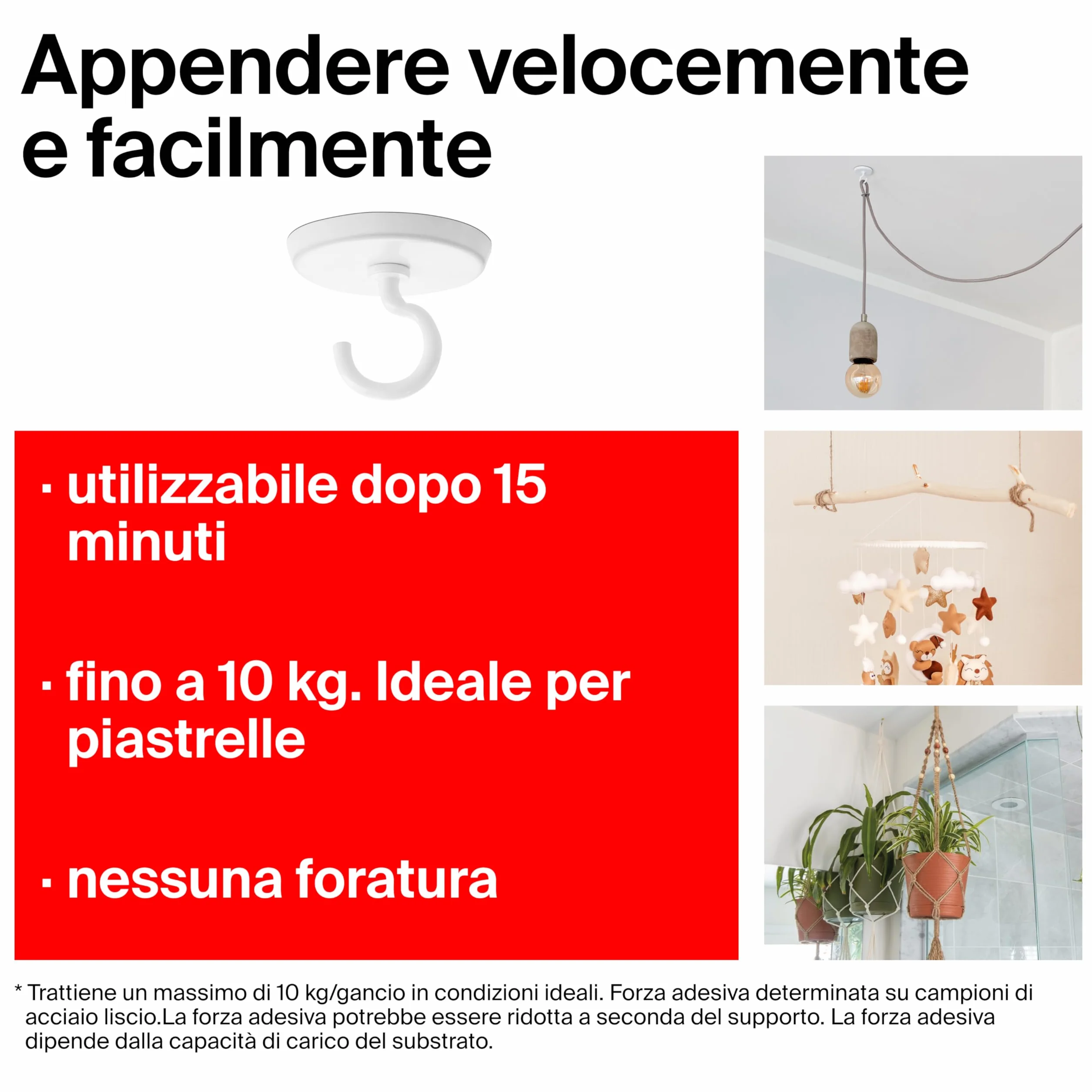 Fischer 3x Gancio Strong, Ganci Adesivi con Colla Bicomponente senza Bucare il Muro, per Appendere a Soffitto e a Parete Fino a 10 Kg, per Luci, Lampade, Cavi, Decori, 3 Pezzi