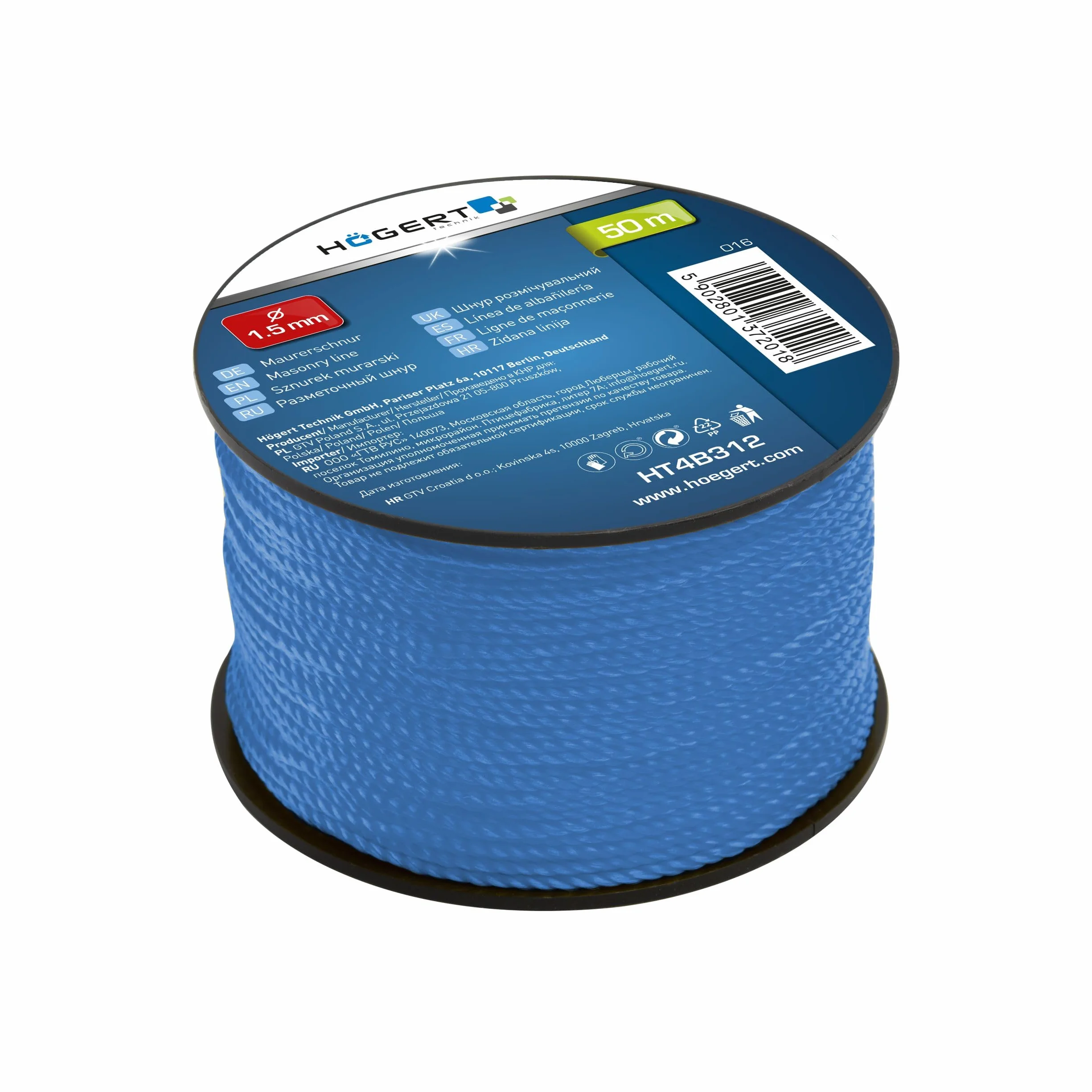 Högert Technik - Filo per muratura 50 m - Filo da muratura blu - Ø 1,5 mm - Resistente agli strappi e carico - Su bobina/corda/cordicella/cordicella/filo per pavimentazione