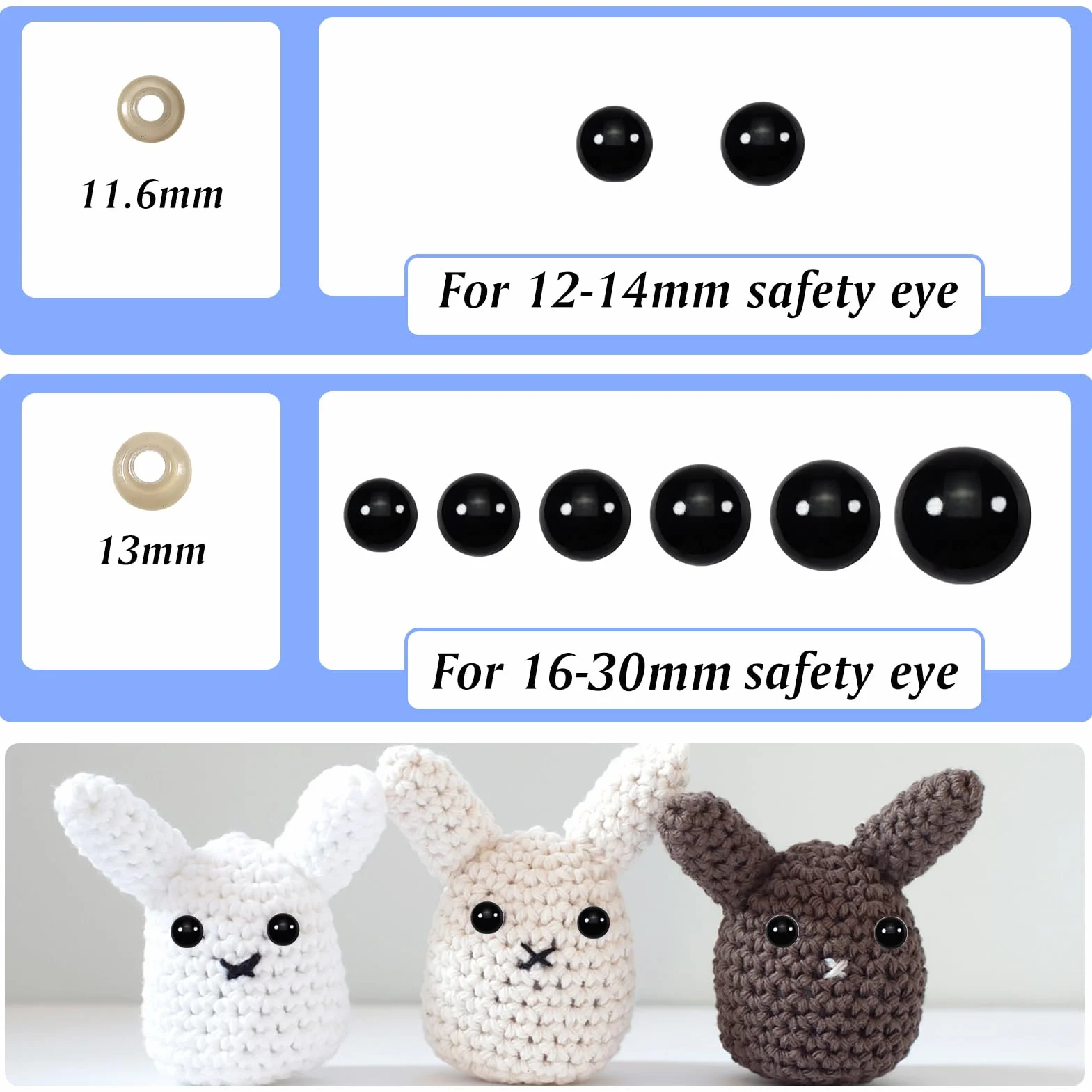 TOAOB 150 Pezzi Occhi di Sicurezza per Amigurumis 12mm a 30mm Grandi Nero Occhi Plastica Occhietti con 150 Pezzi Rondelle per Bambole Pupazzi Fai da Te all'Uncinetto e Animali di Peluche