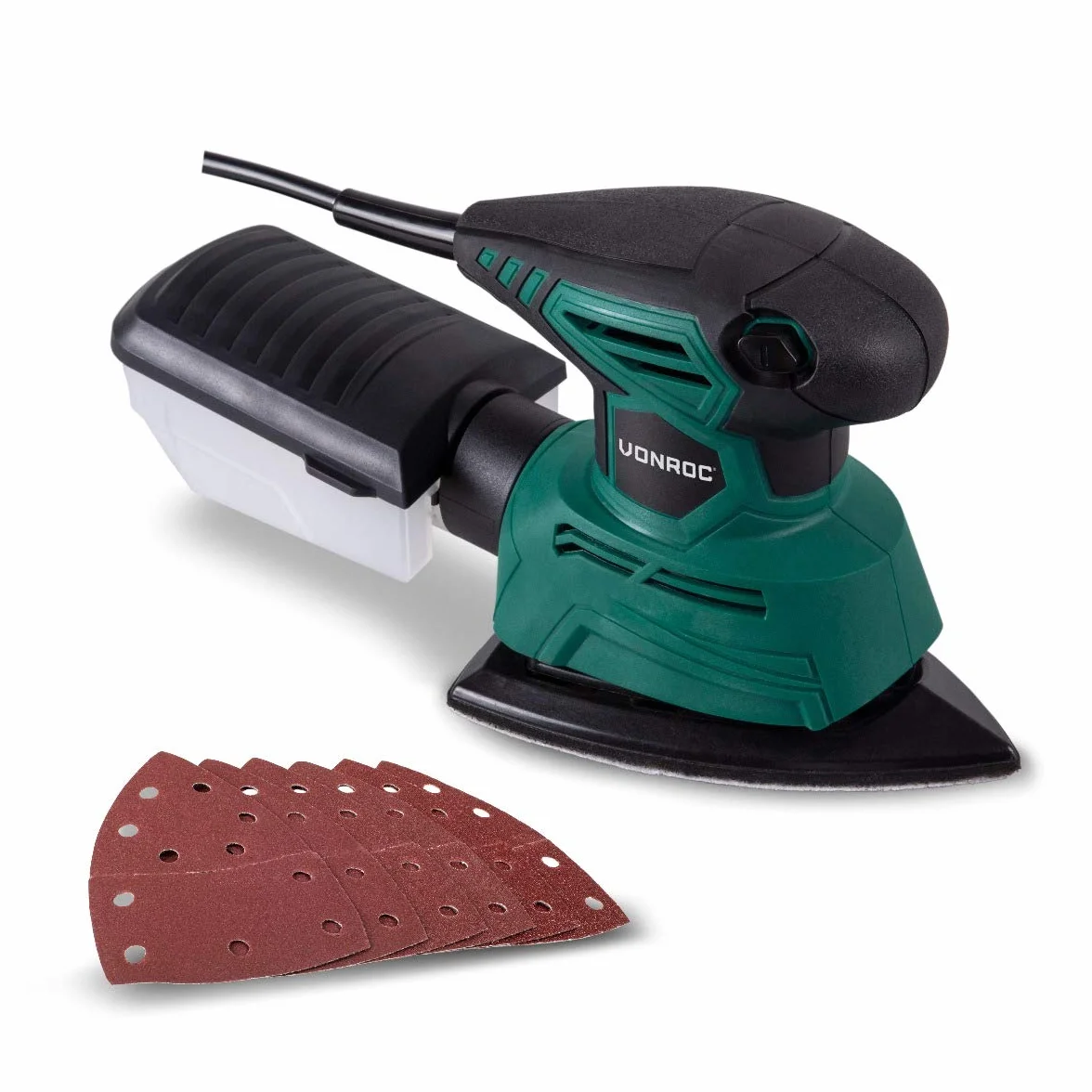 VONROC Levigatrice triangolare multifunzione mouse, 130W. Include contenitore di raccolta della polvere e 6 fogli abrasivi