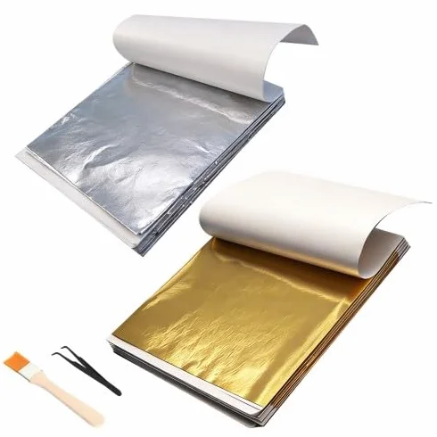 Set di 200 fogli in oro e argento (8,5 x 9,5 cm) con pinzette e pennello per doratura, pittura, decorazioni e progetti fai da te