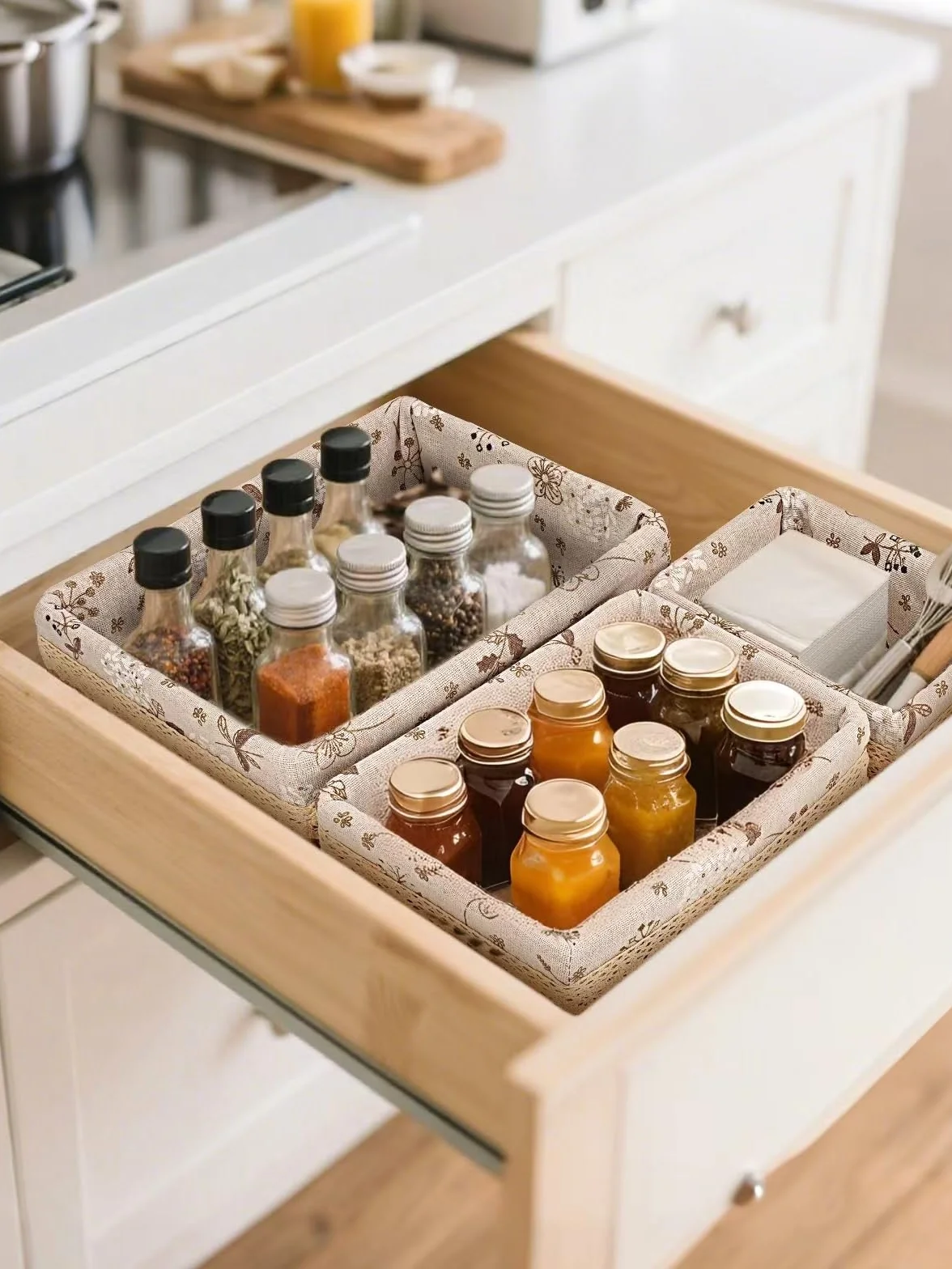 Set di 3 Cestini in Vimini Floreali Intrecciati a Mano, Beige, Cestini Portaoggetti per Organizzare e Decorare