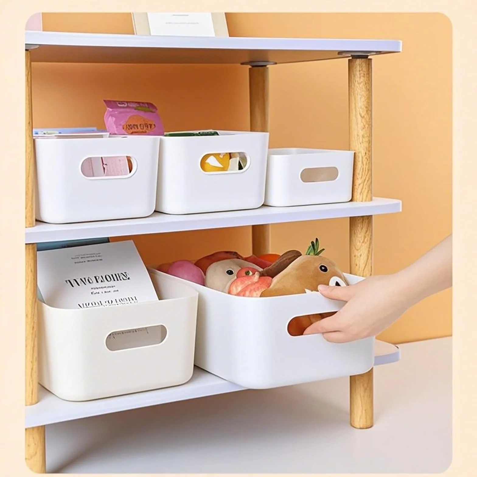 10 pezzi Scatola portaoggetti in plastica con manici, 30x20x12cm, scatola di plastica per la conservazione, per armadio da cucina, bagno, scaffale, organizer da desktop (Bianco)