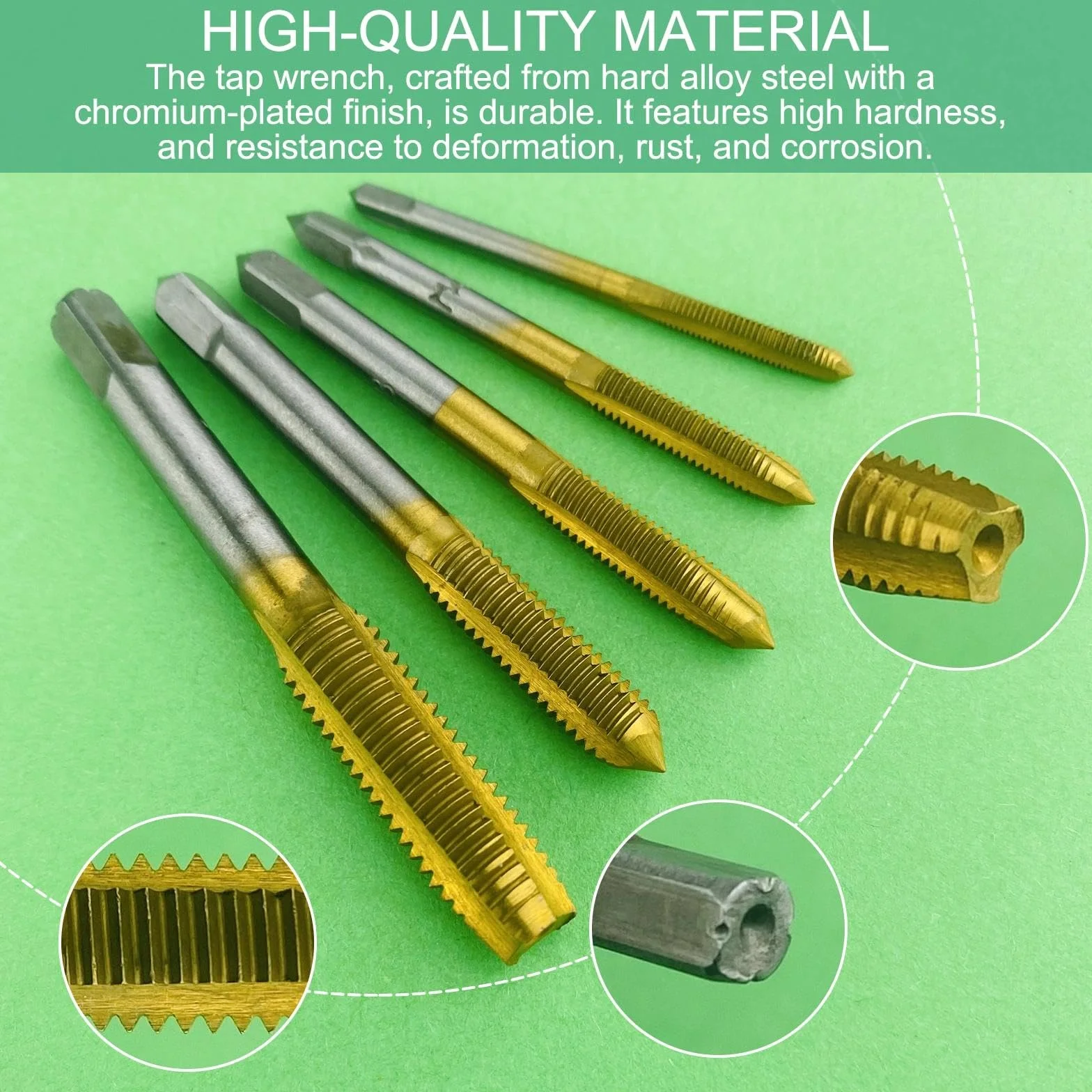 Set di Chiave a Cricchetto, 5 Pezzi Maschi per Filettatura M3/ M4/ M5/ M6/ M8 + 1 Pezzi Giramaschi a T, Filettatrice Manuale Regolabile, Maschi per Filettare con Rivestimento in Titanio