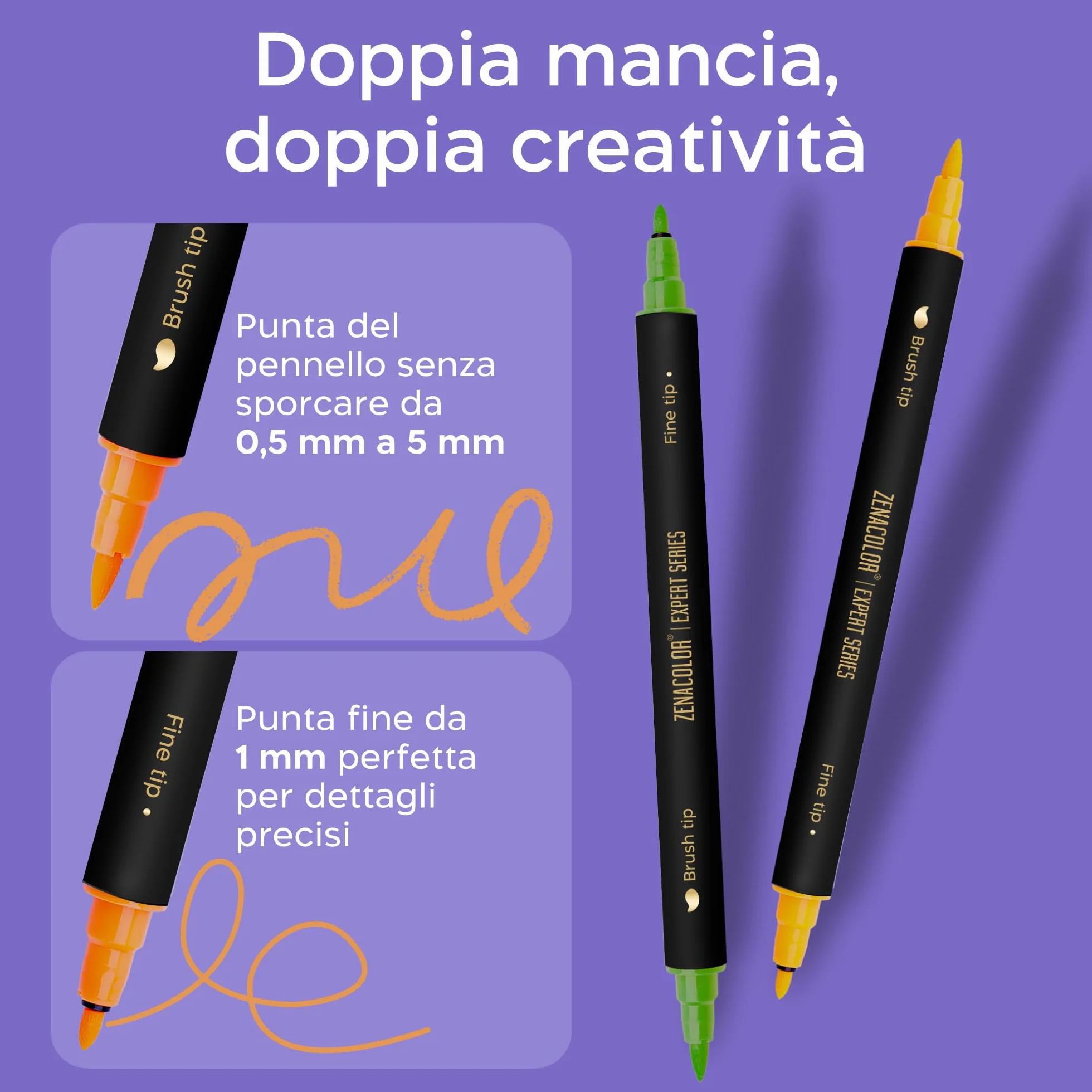 Zenacolor 26 Pennarelli per Tessuti Doppia Punta - Colori per Tessuti Permanenti e Lavabili - Pennarello Indelebile per Vestiti, Borse