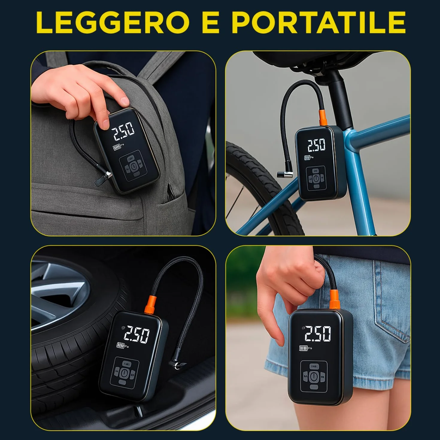 Compressore Aria Portatile Wireless - Mini Gonfiatore Elettrico Digitale per Auto, Moto, Bici e Palloni - Torcia LED e Spegnimento Automatico - Pompa Portatile Multifunzione con Display LCD
