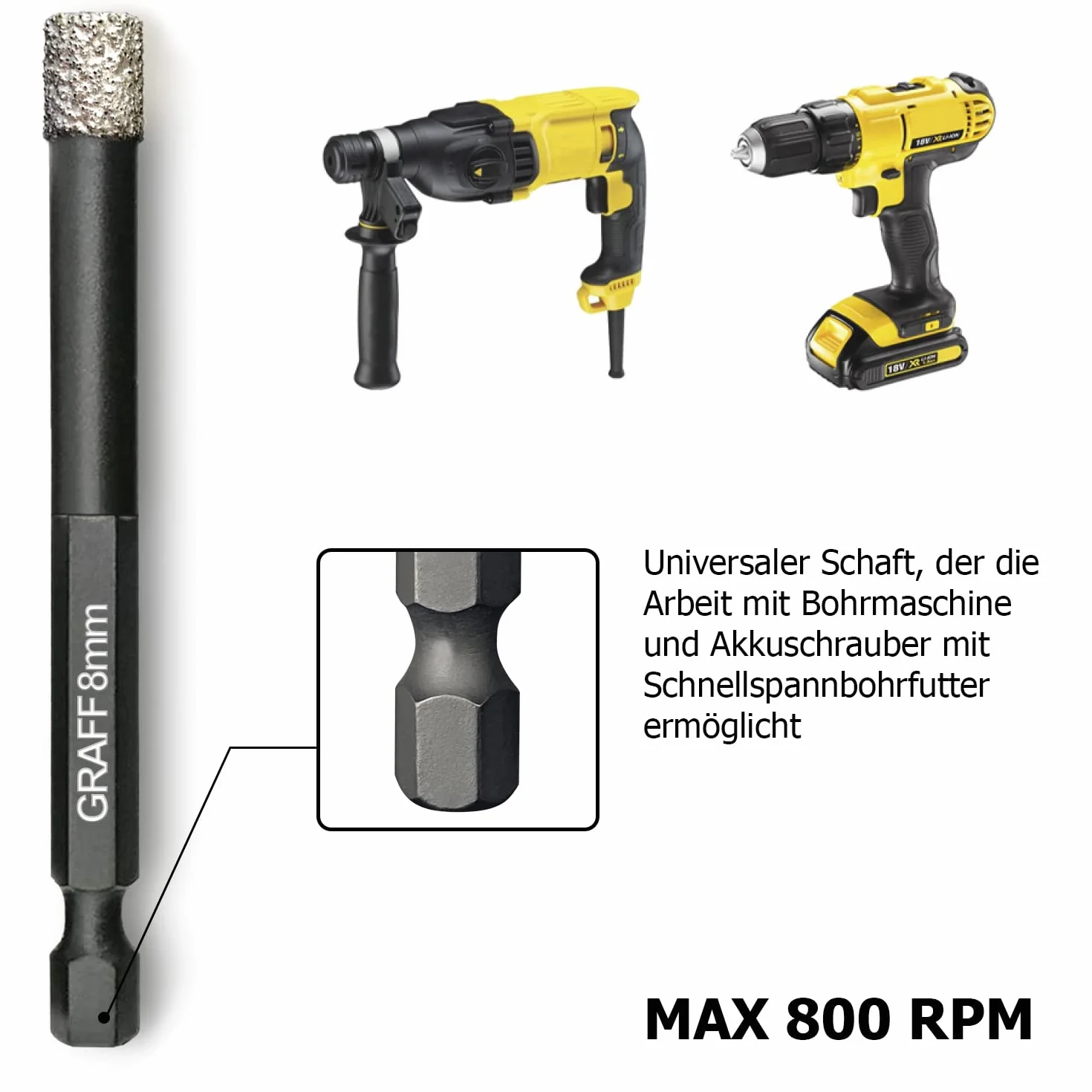 GRAFF 8mm Punte diamantate Gres Porcellanato – Punte Trapano Professionali per Piastrelle, Mattonelle, Granito, Ceramica, Pietra – Trapano con codolo esagonale